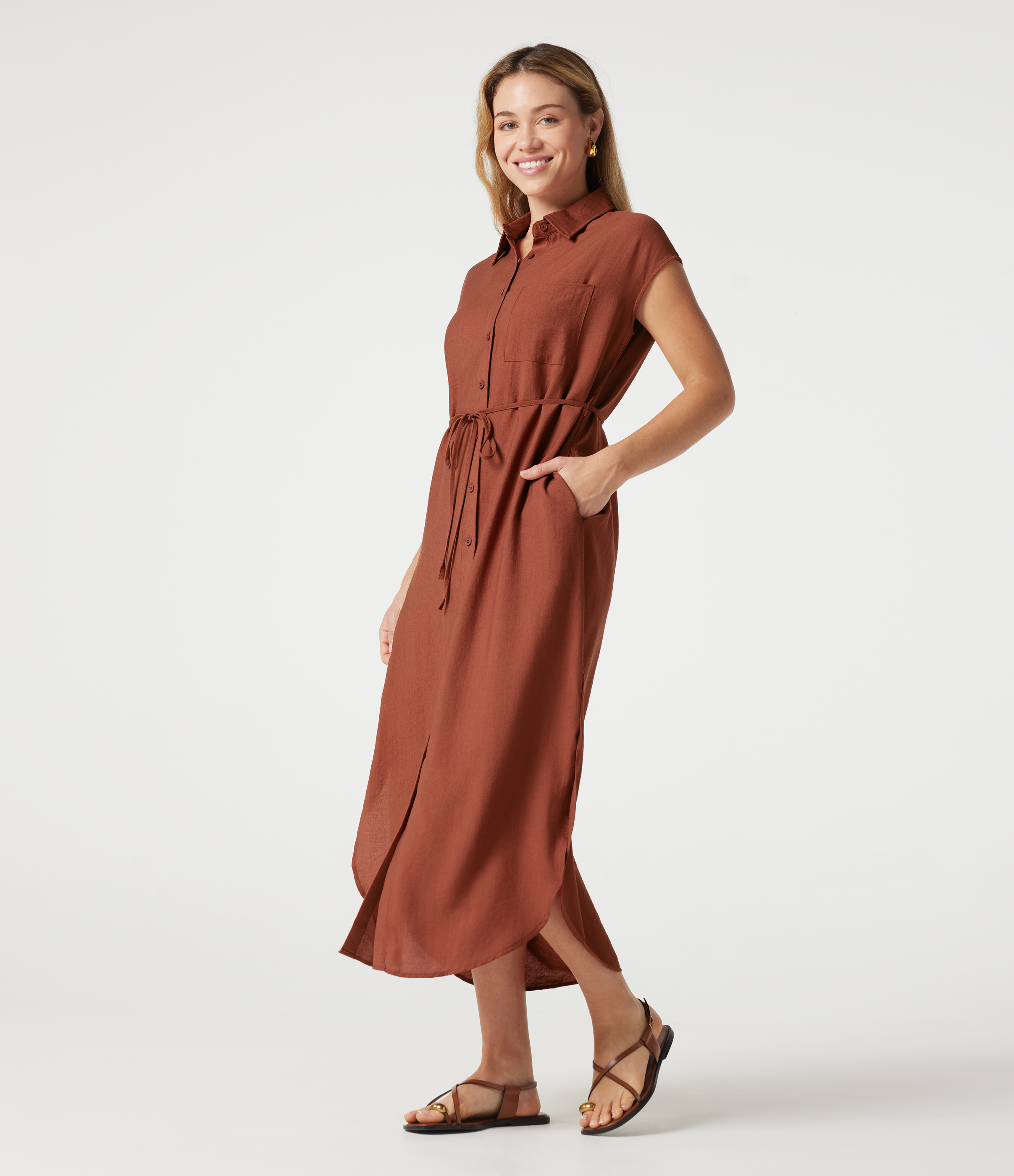 Collar Cap Sleeve Belted Curved Split Hem Midi Casual Shirt Dress with Pockets