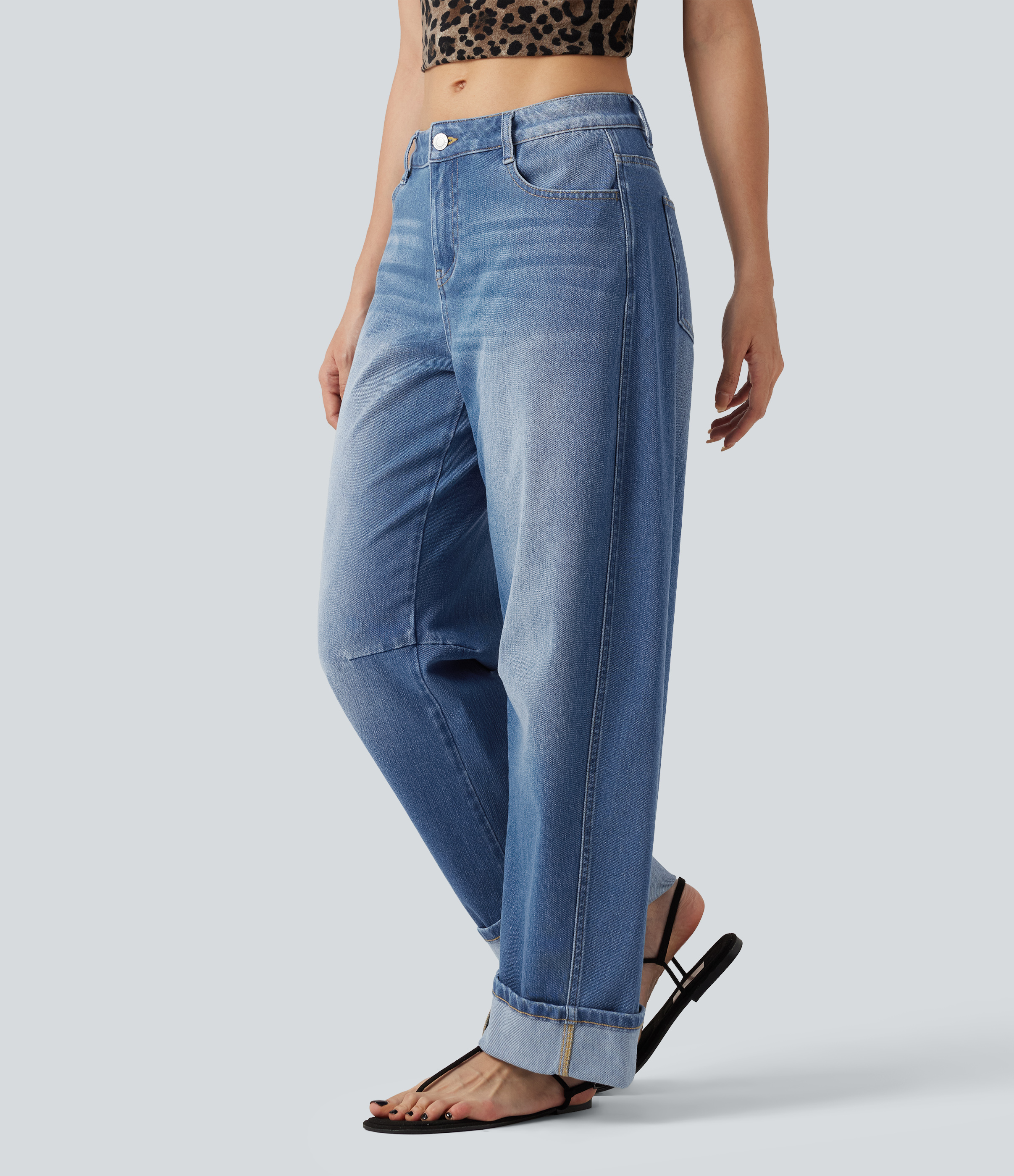 Halara Flex™ Low Rise Rolled Hem Casual Barrel Leg Jeans with Pockets