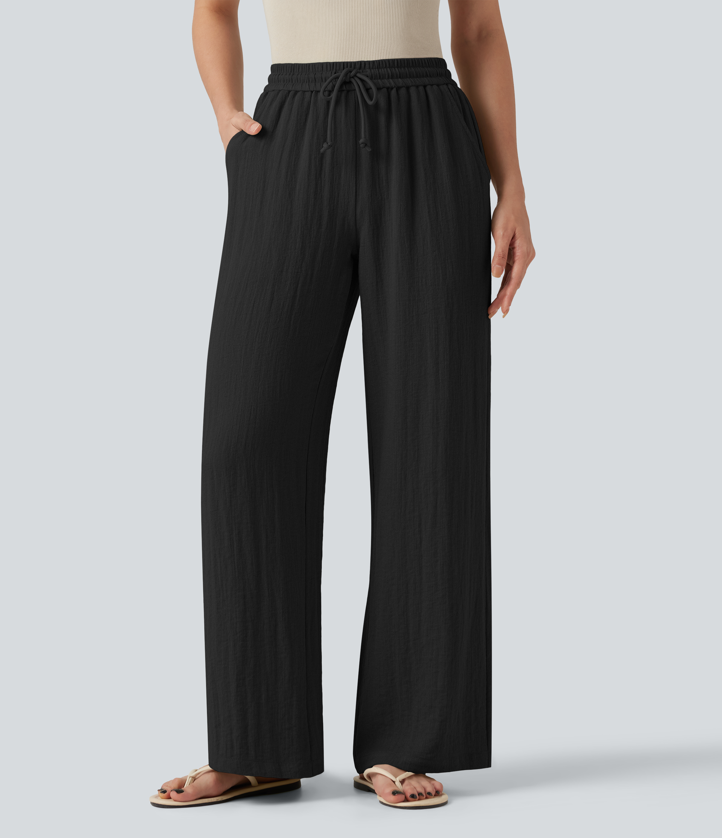 Low Rise Drawstring Wide Leg Baggy Casual Linen-Feel Pants with Pockets