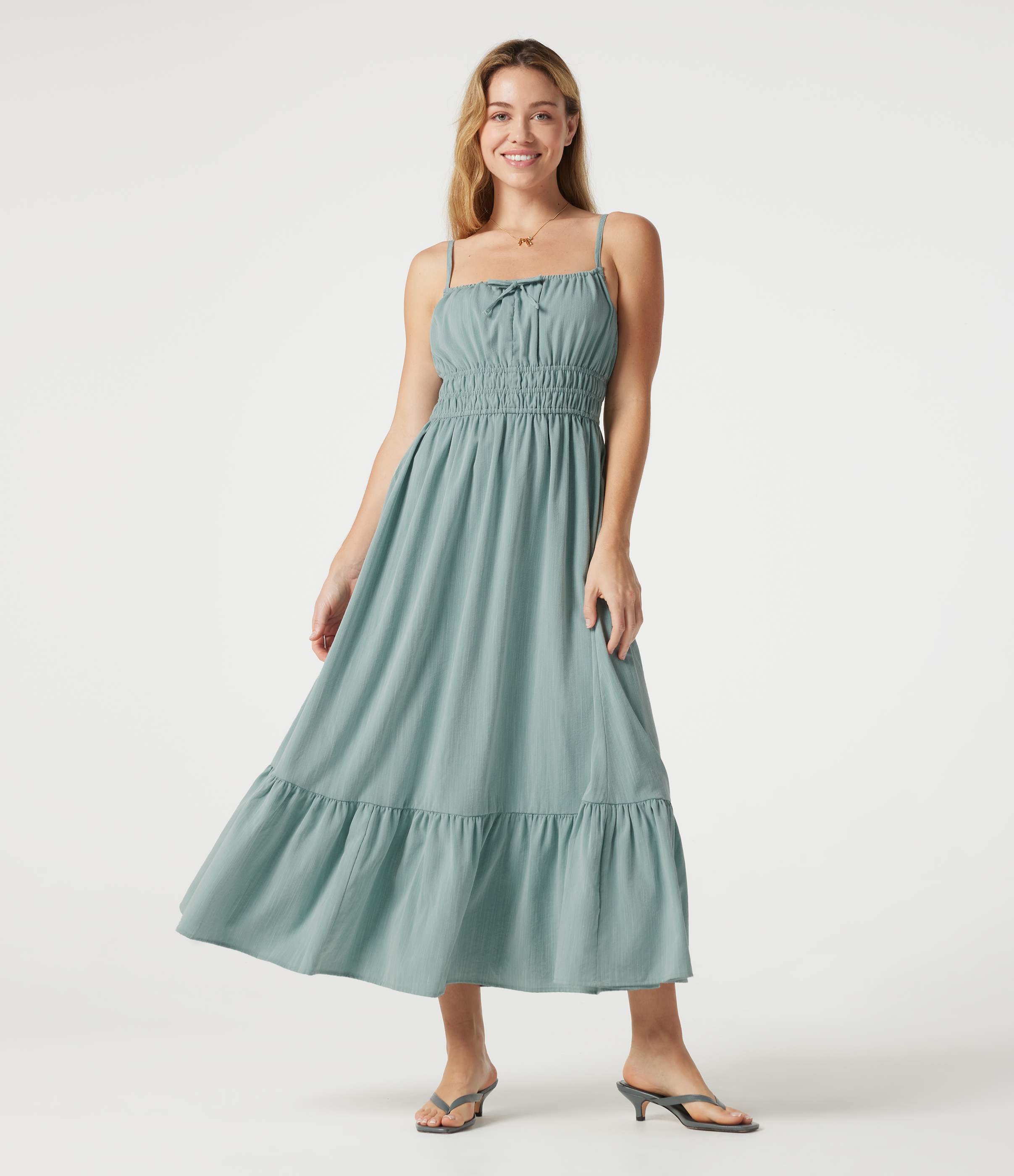 Lässiges, fließendes Midikleid in Leinenoptik mit Bindeband vorne
