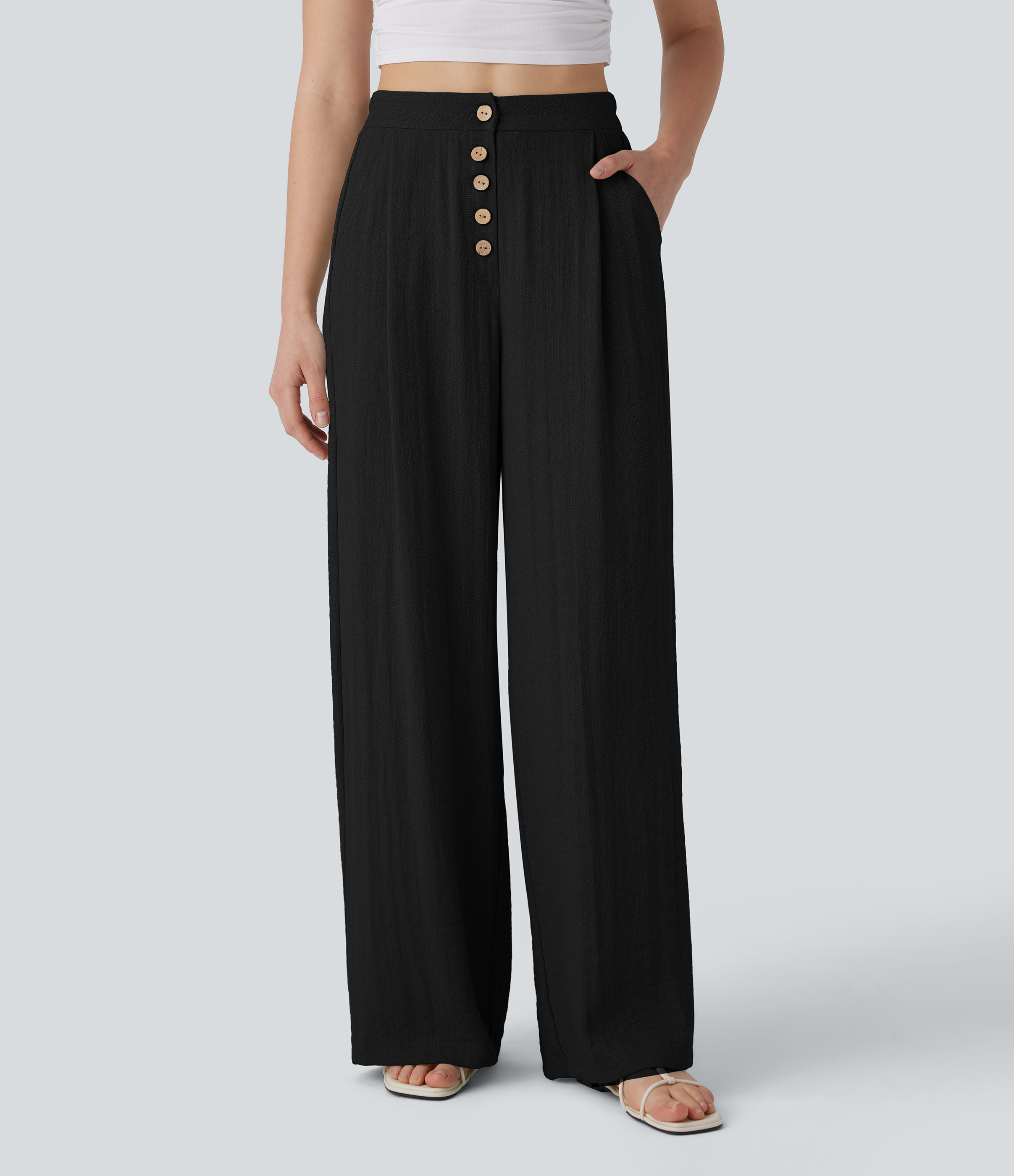 High Waisted Wide Leg Casual Linen-Feel Pants with Pockets