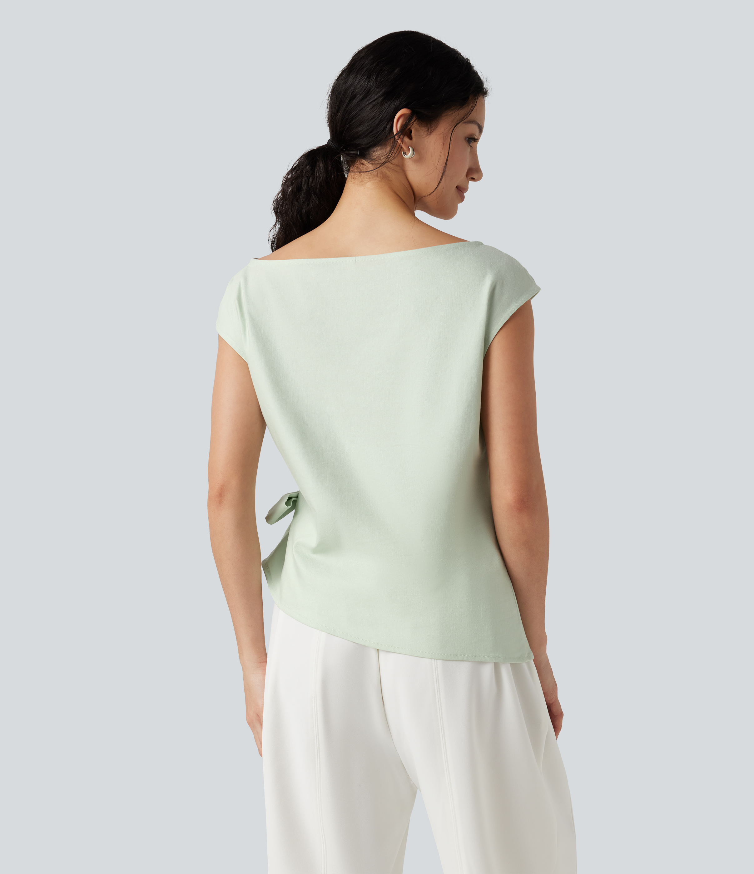 Phantom Green Boat Neck Cap Sleeve Tie-side Casual Linen-Blend Blouse / 2