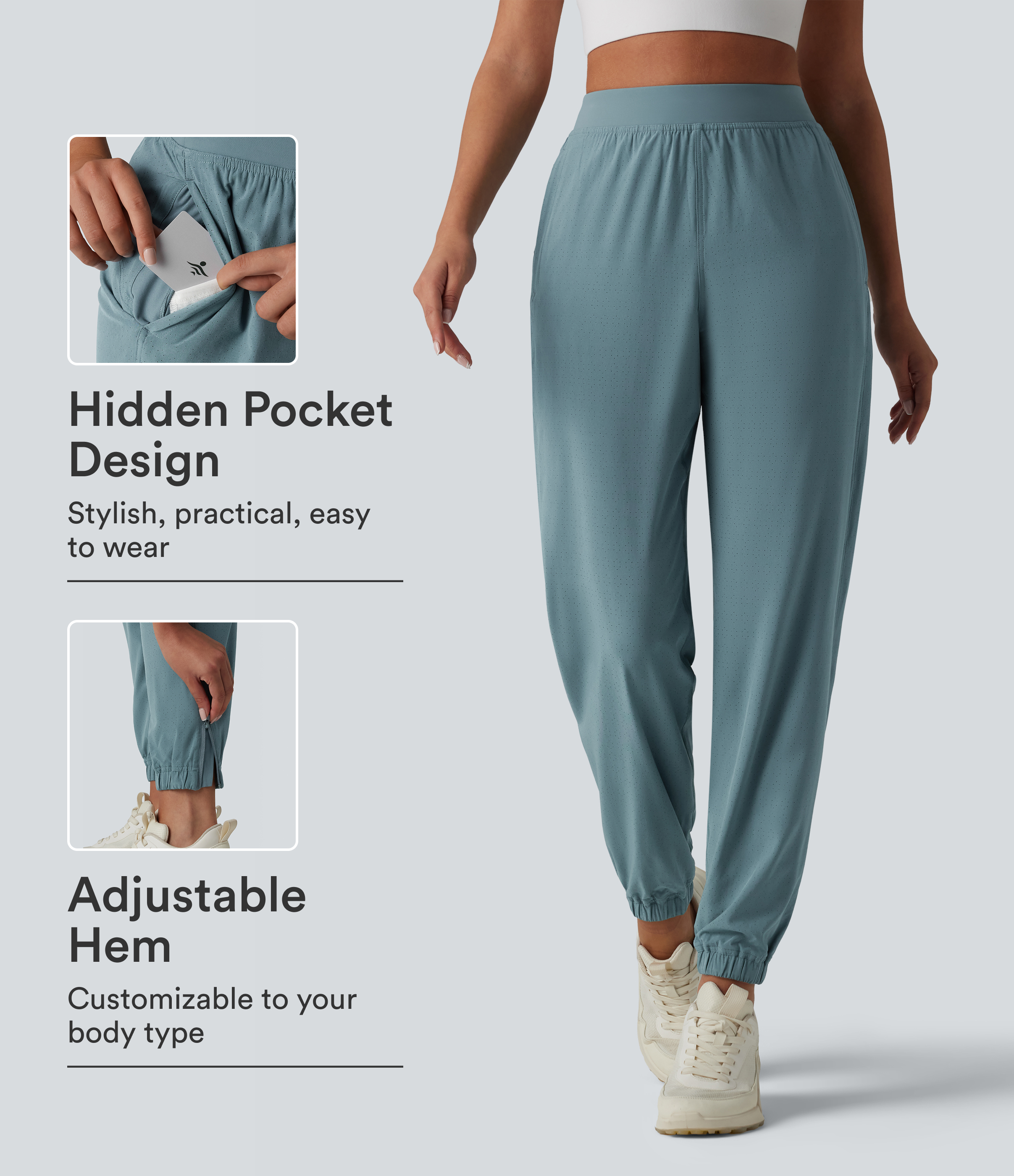 High Waisted Inner Drawstring Eyelet 2-in-1 Zip Hem Quick Dry Running Joggers with Pockets