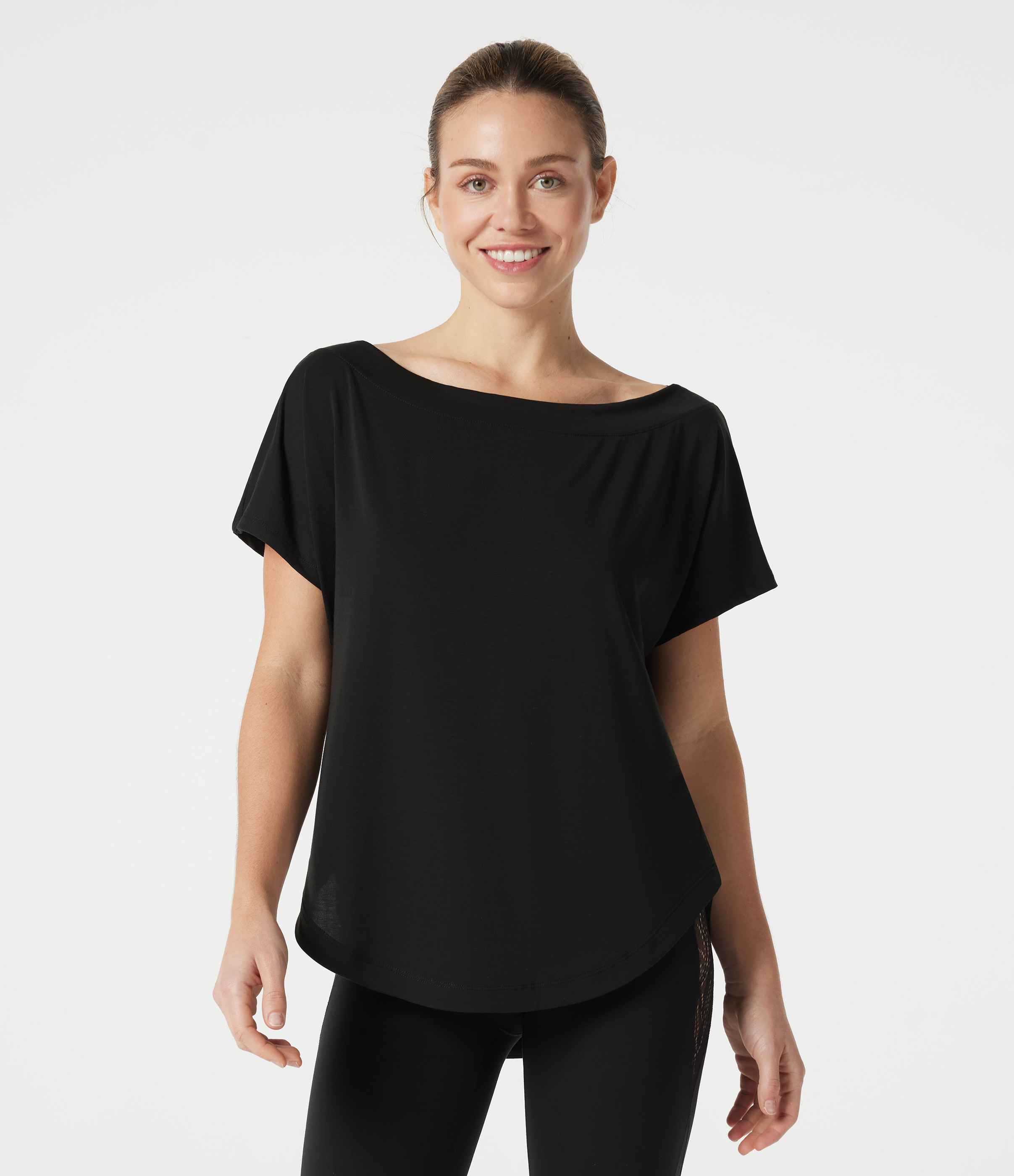 Einschultriges Yoga-Sport-Top mit kurzen Ärmeln, High-Low-Design und abgerundetem Saum - schnelltrocknend
