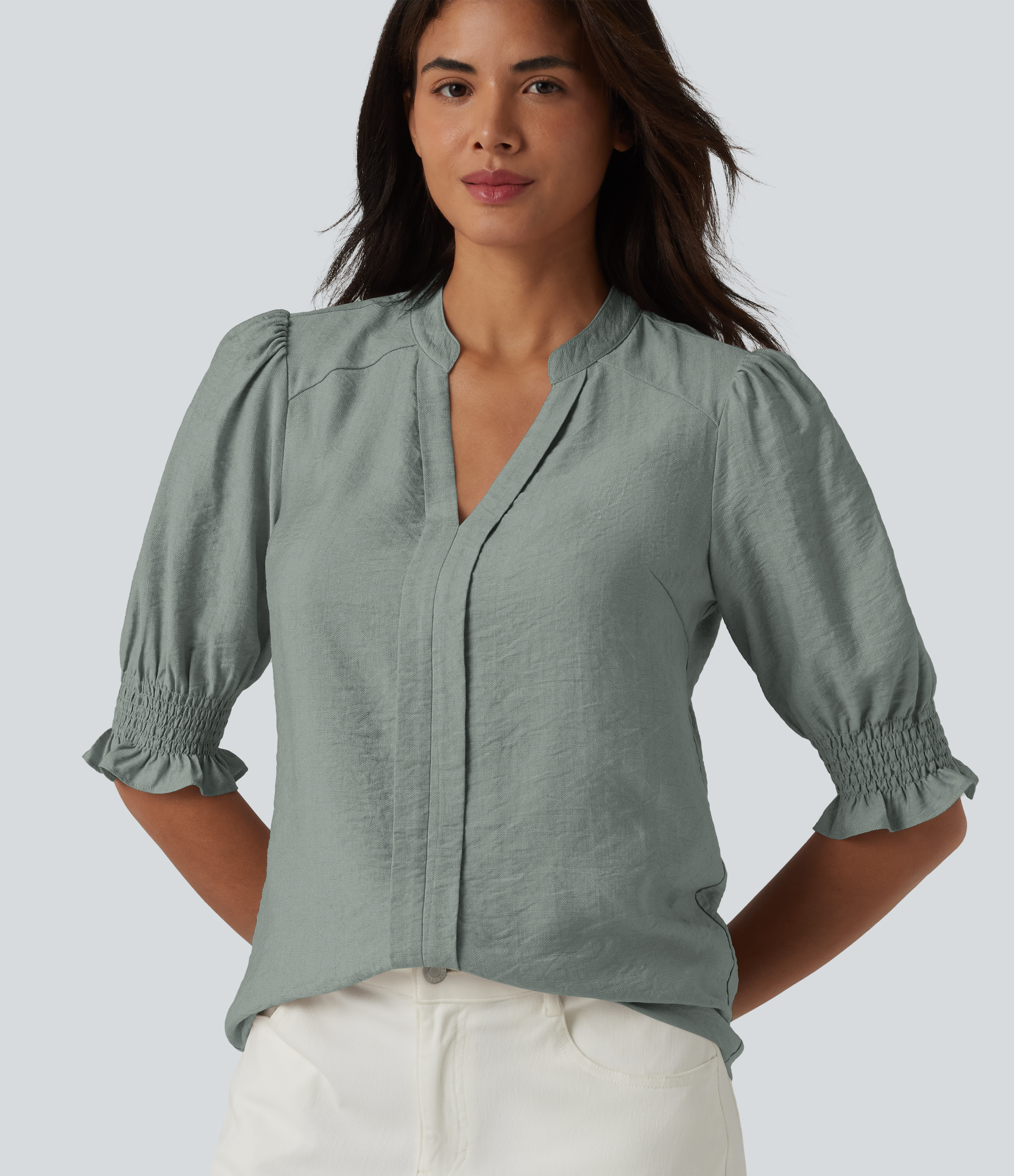 V Neck Puff Short Sleeve Casual Blouse