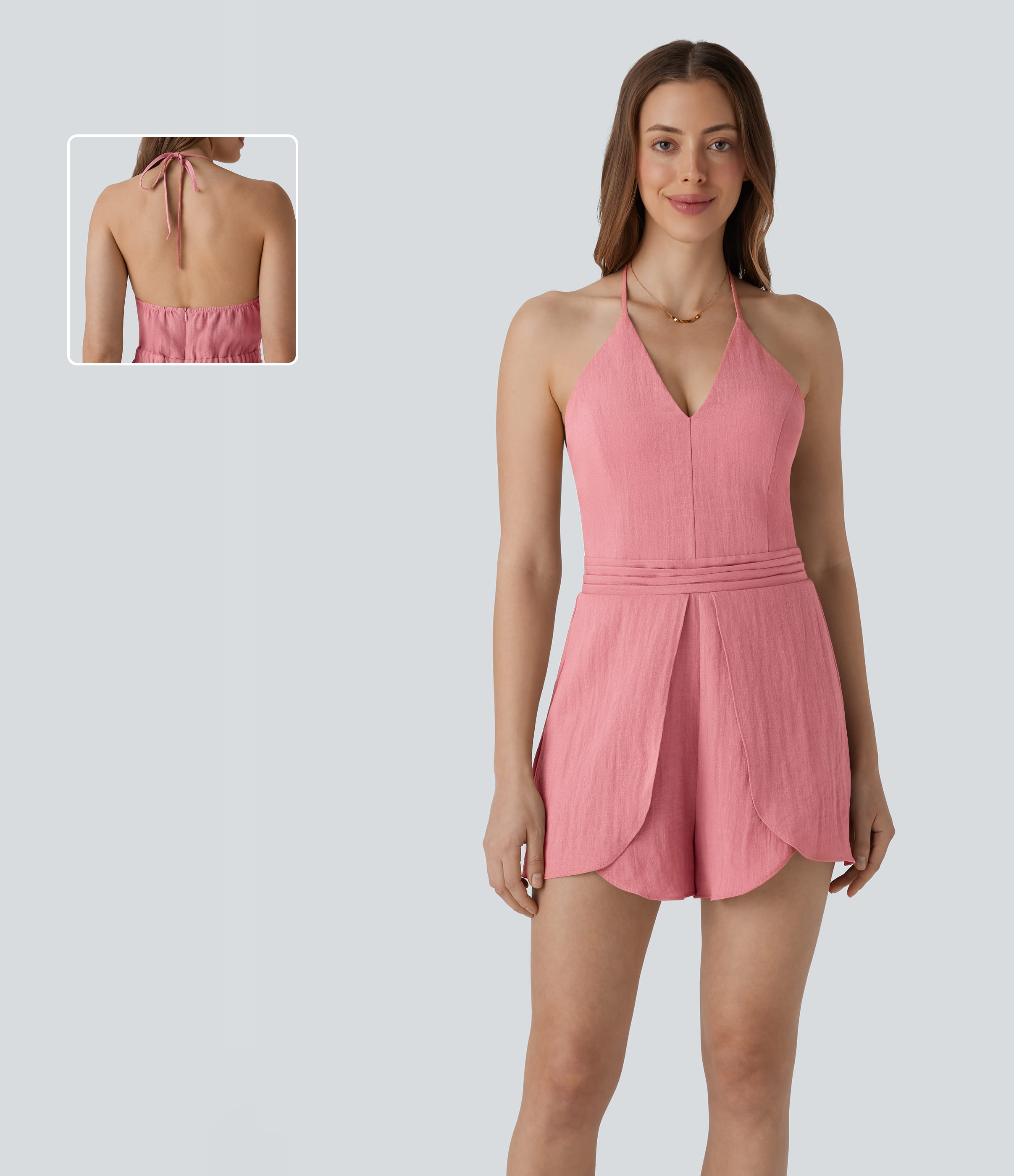 Halter Crossover Hem Casual Linen-Feel Romper