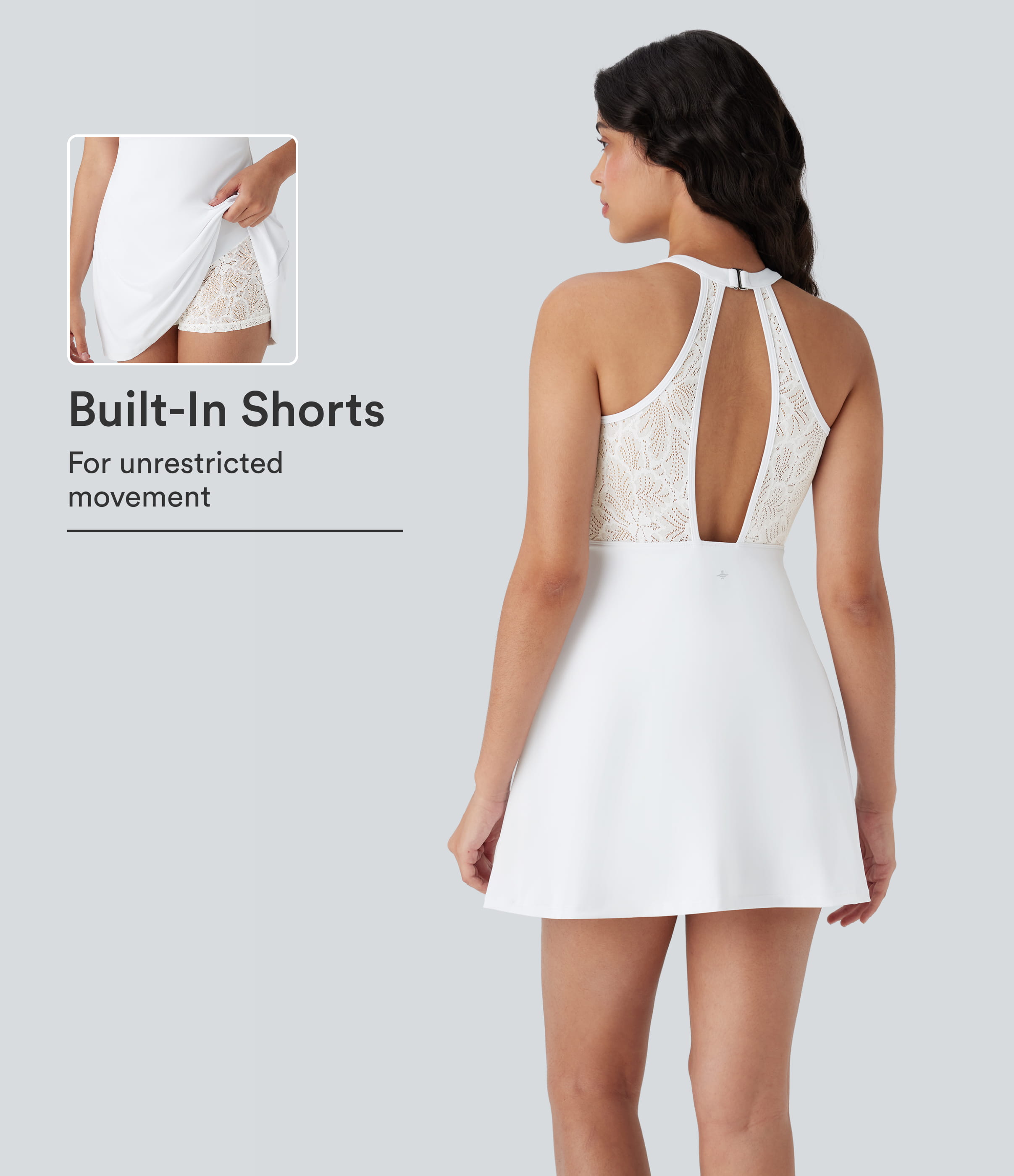 SoftlyZero™ Airy Halter G-hook Contrast Lace 2-in-1 Mini Cool Touch Yoga Active Dress-UPF50+