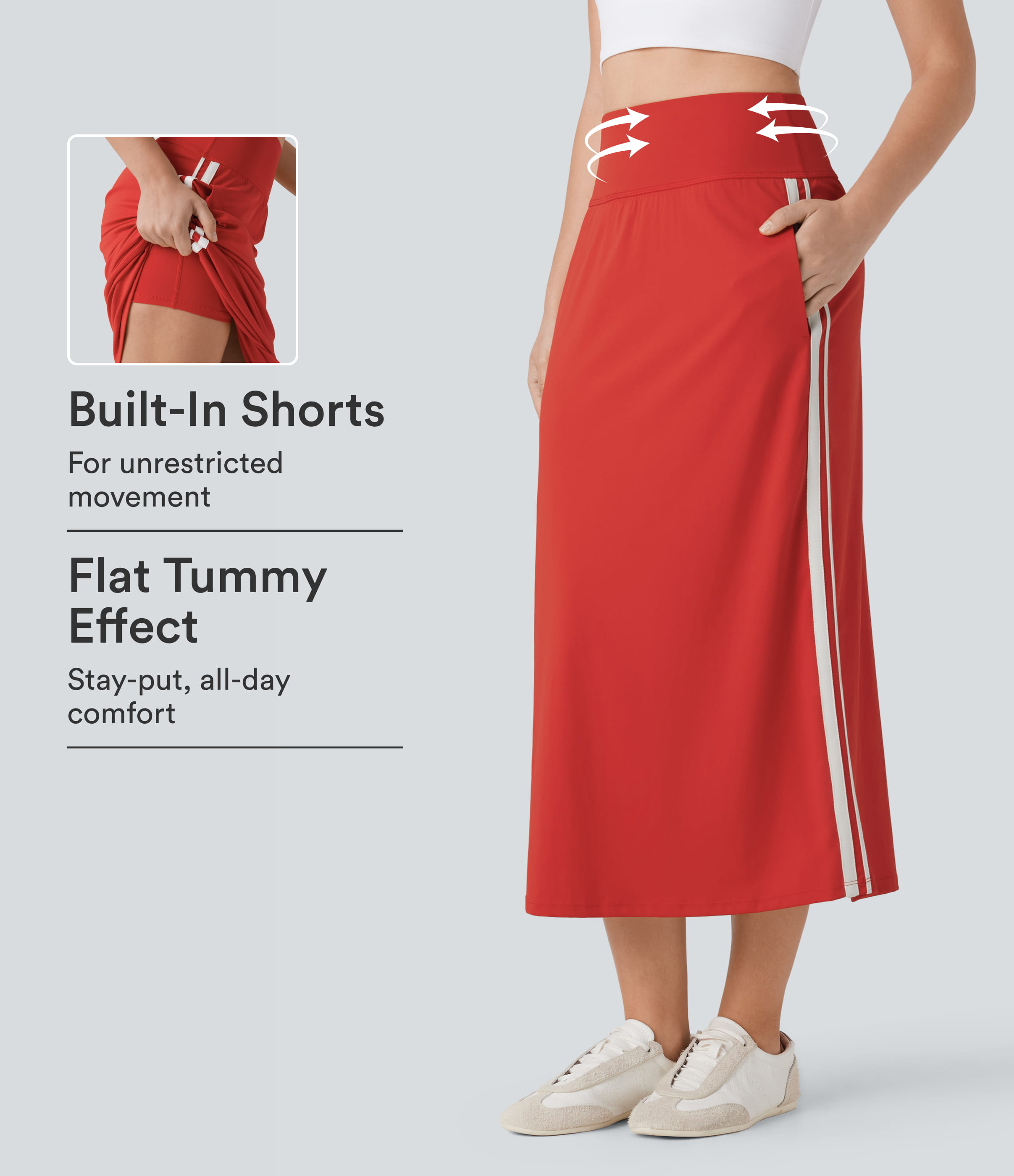 SoftlyZero™ QuickDry High Waisted Tummy Control 2-in-1 Color Block Midi Workout Skirt with Pockets