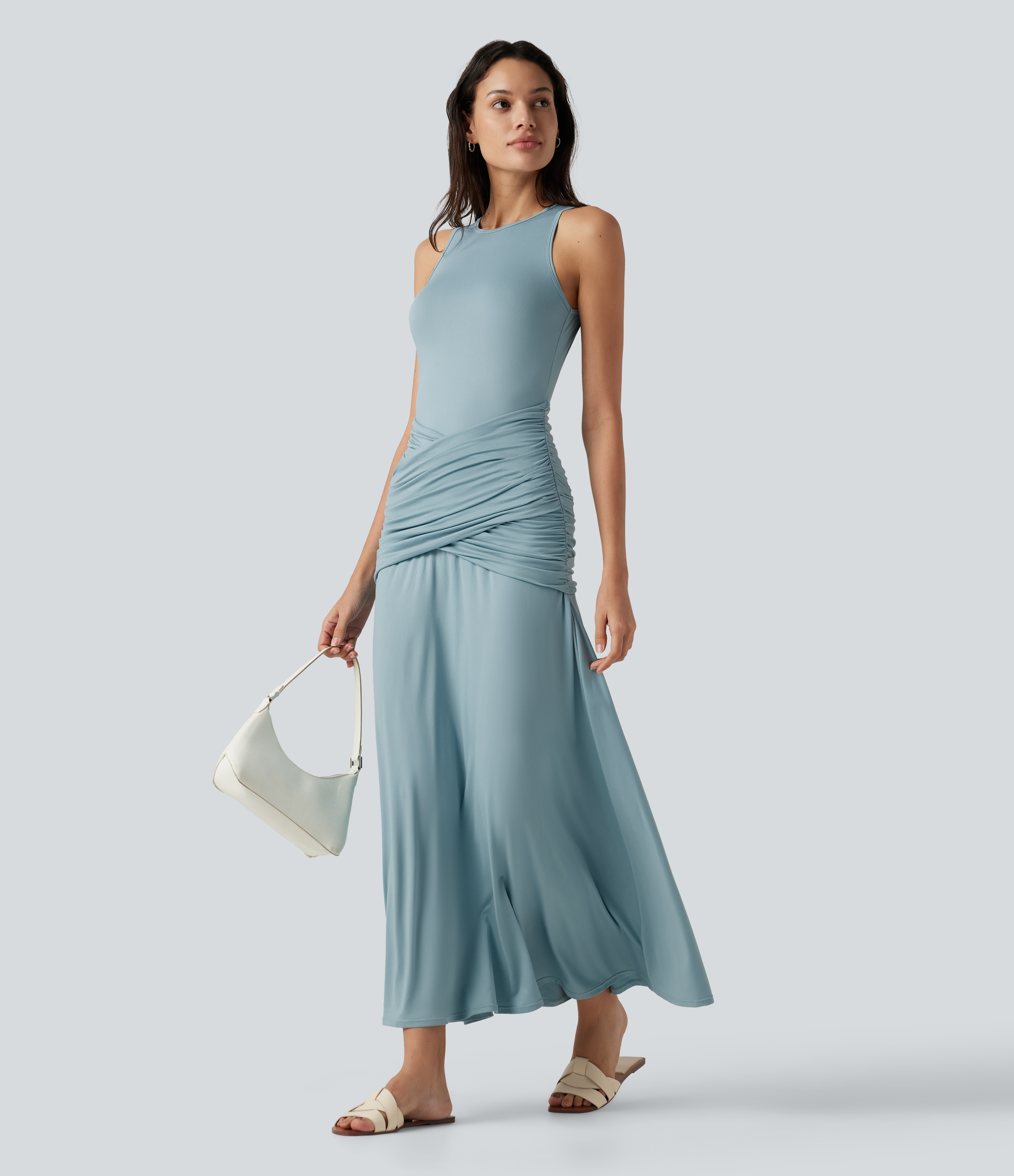Round Neck Sleeveless Ruched Crossover Waist Maxi Casual Flowy Dress
