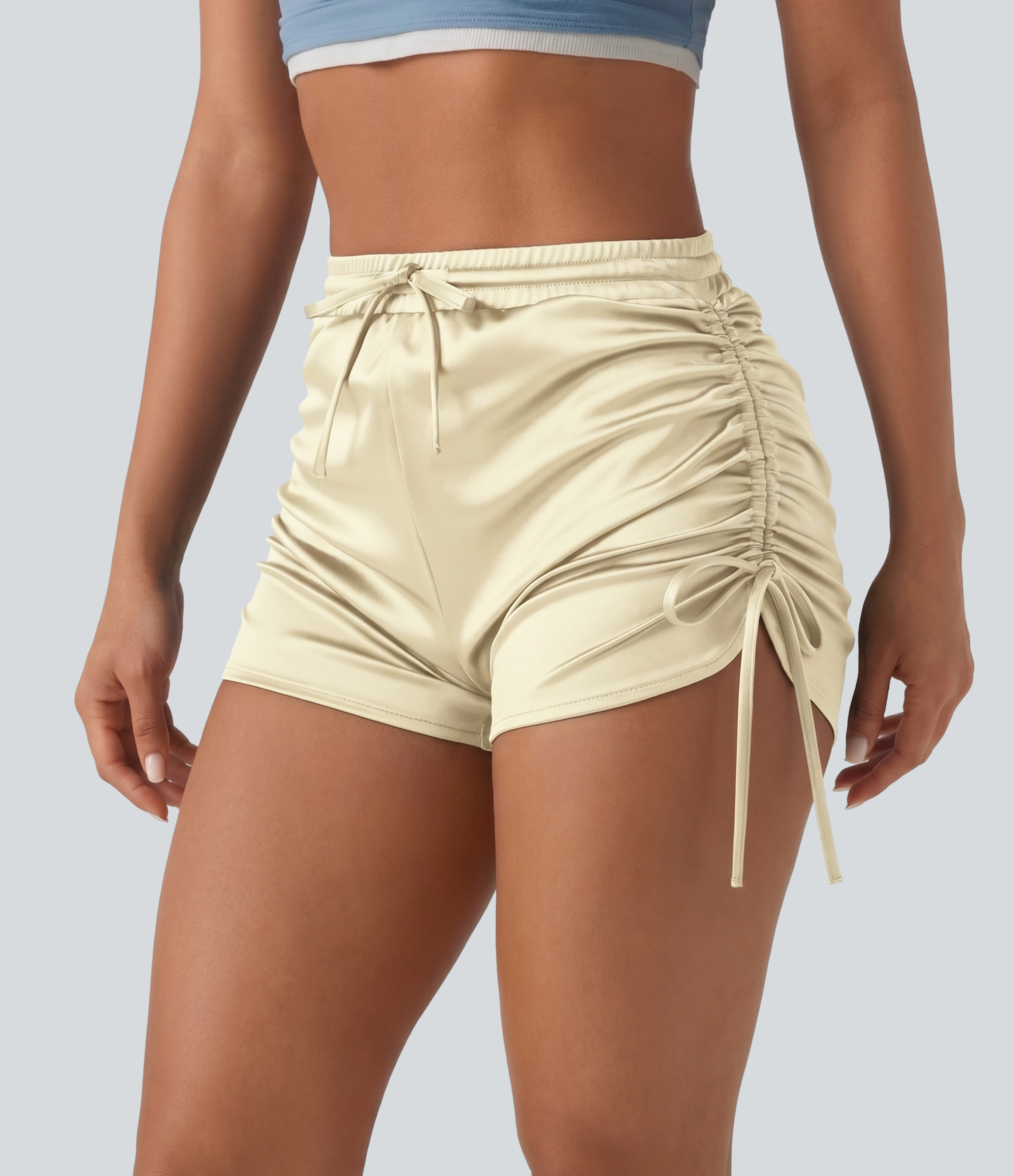High Waisted Drawstring Ruched Satin Casual Shorts with Pocket