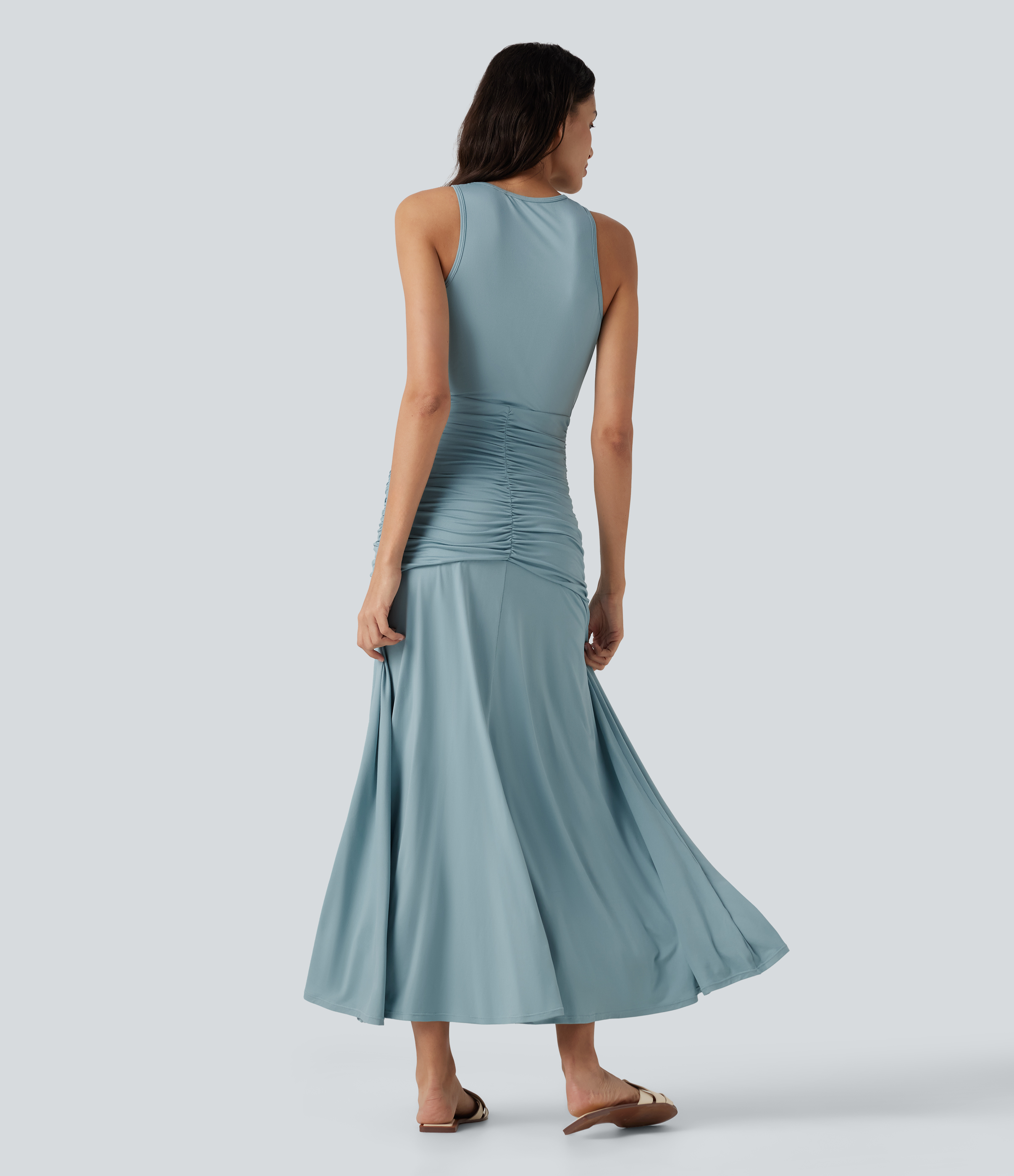 Stone Blue Vestido maxi casual y fluido con escote redondo, sin mangas, fruncido y cintura cruzada / 2