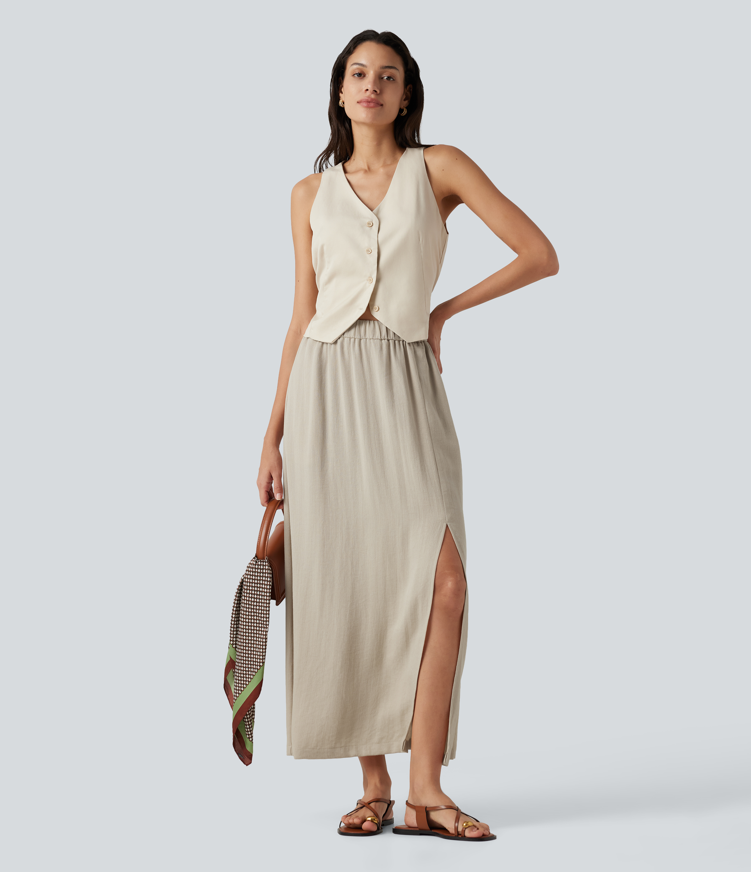 High Waisted Split Hem Maxi Casual Linen-Feel Skirt with Pockets