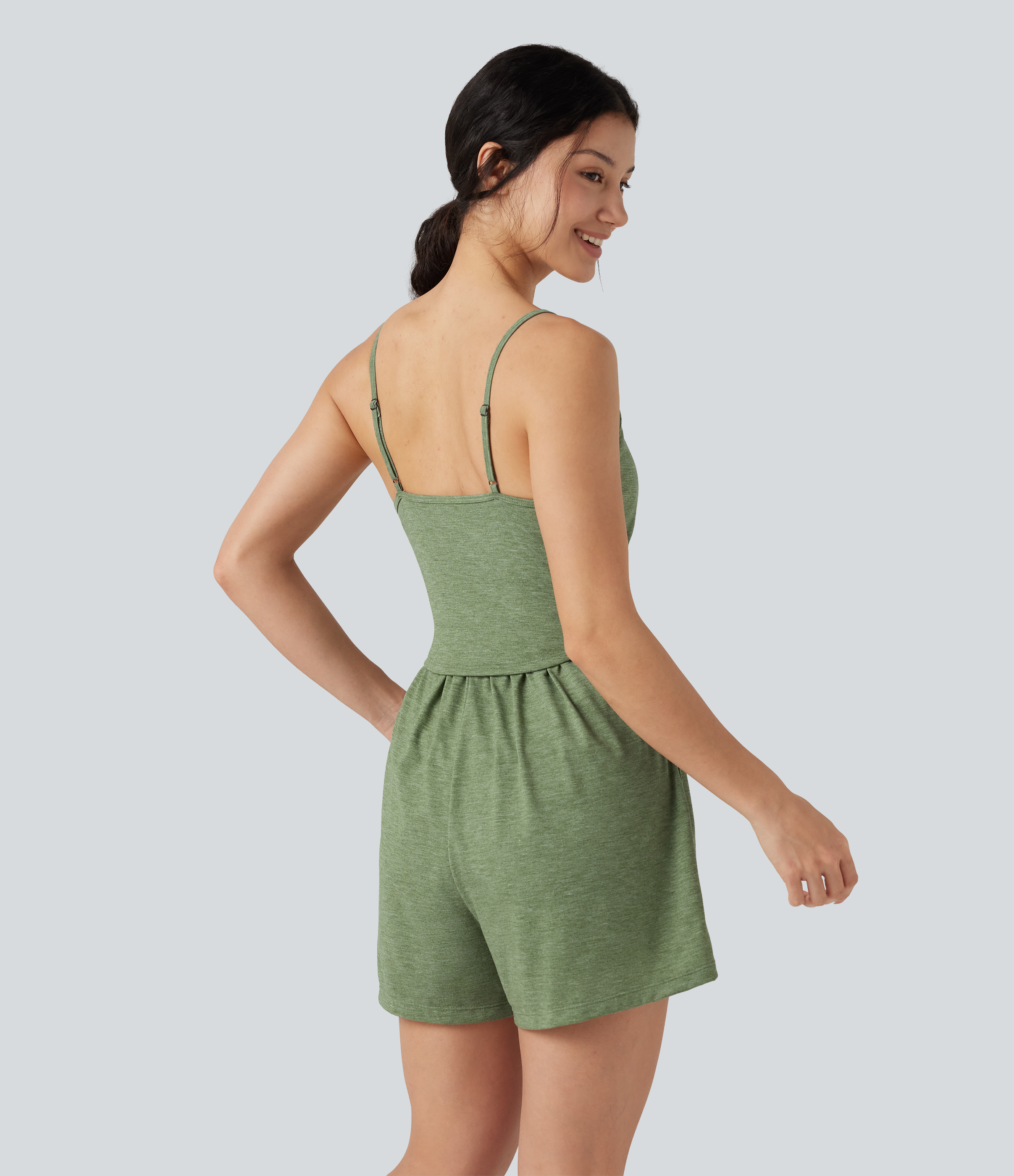 Light Green Floral Yarn Built-in Bra Ruched 2-in-1 Heathered Casual Playsuit with Pockets-Easy Peezy Edition / 2
