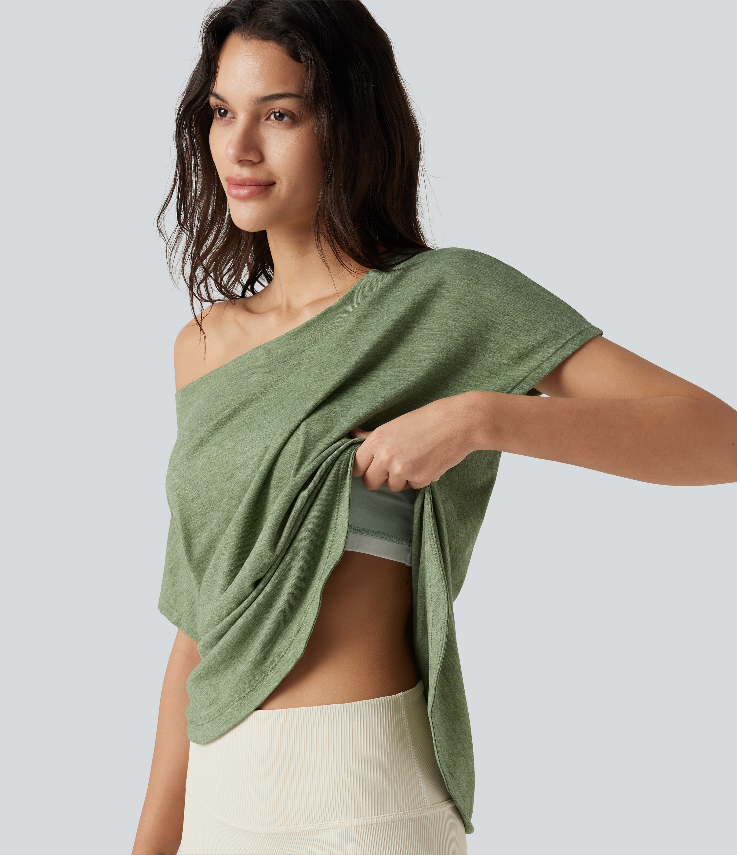 One-Shoulder Short Sleeve Curved Hem High Low Built-in Bra Casual Heathered Top