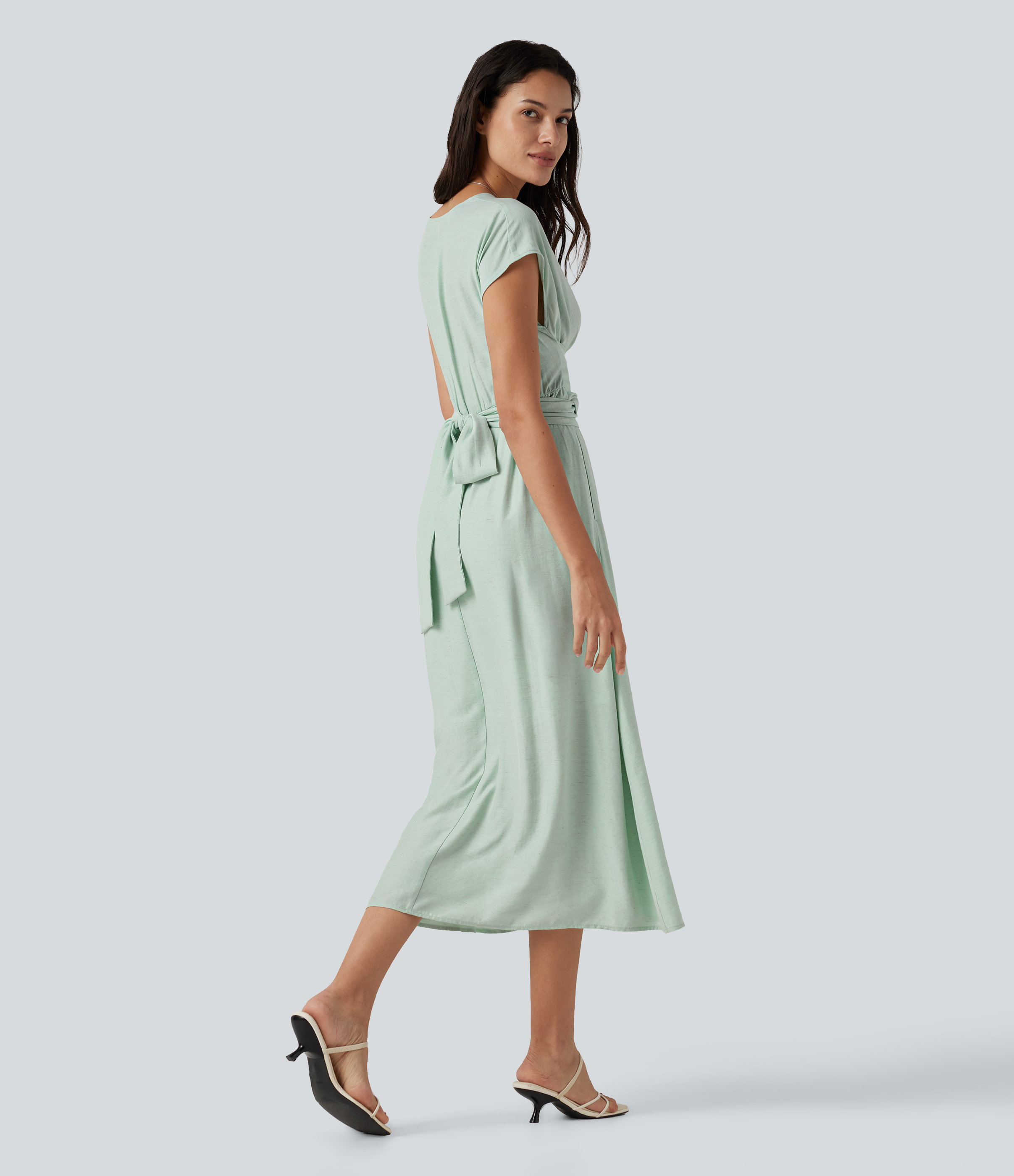 Silt Green V Neck Short Sleeve Tie Back Midi Casual Linen-Blend Flowy Dress with Pockets / 2
