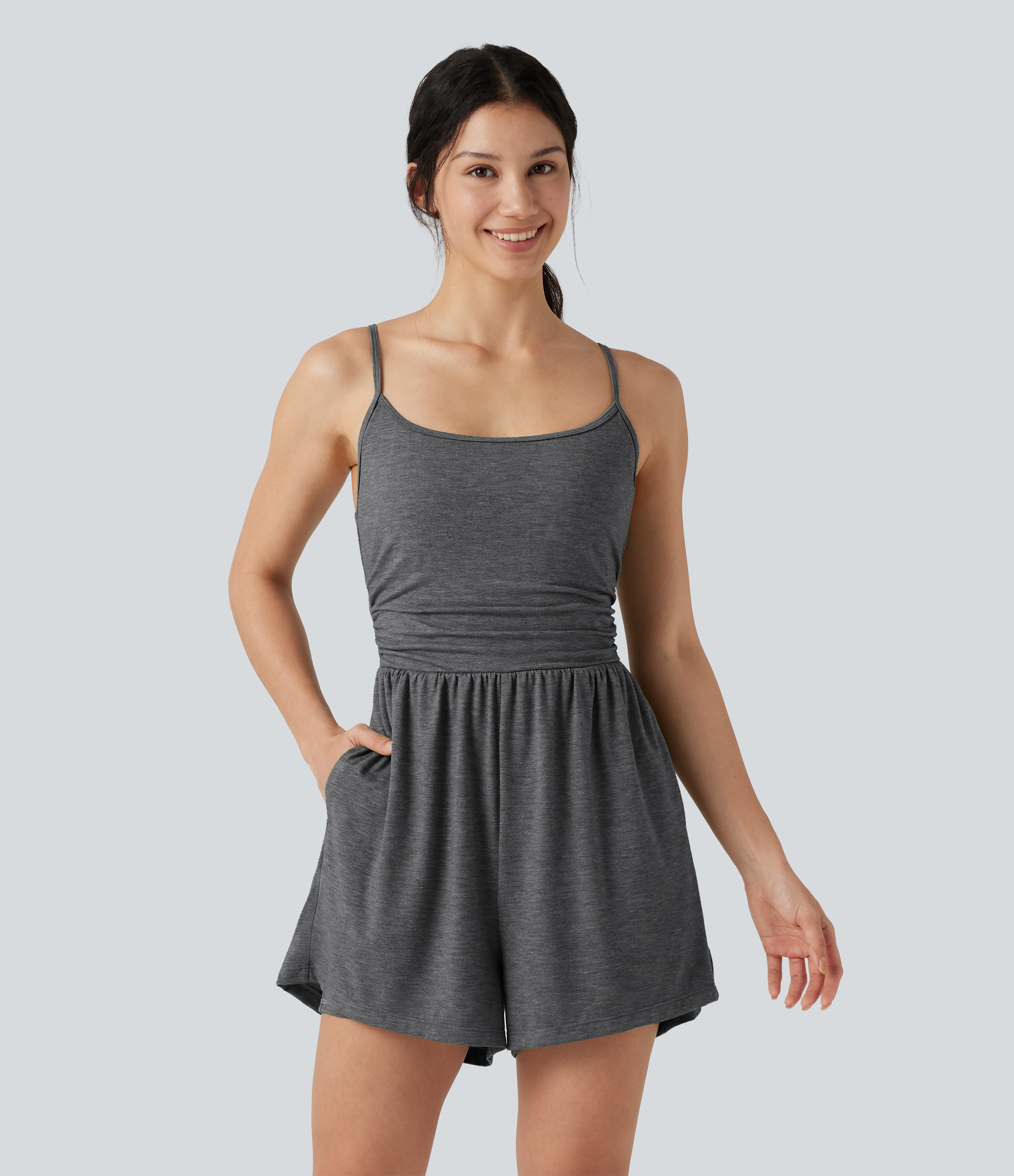 Built-in Bra Ruched 2-in-1 Heathered Casual Romper with Pockets-Easy Peezy Edition