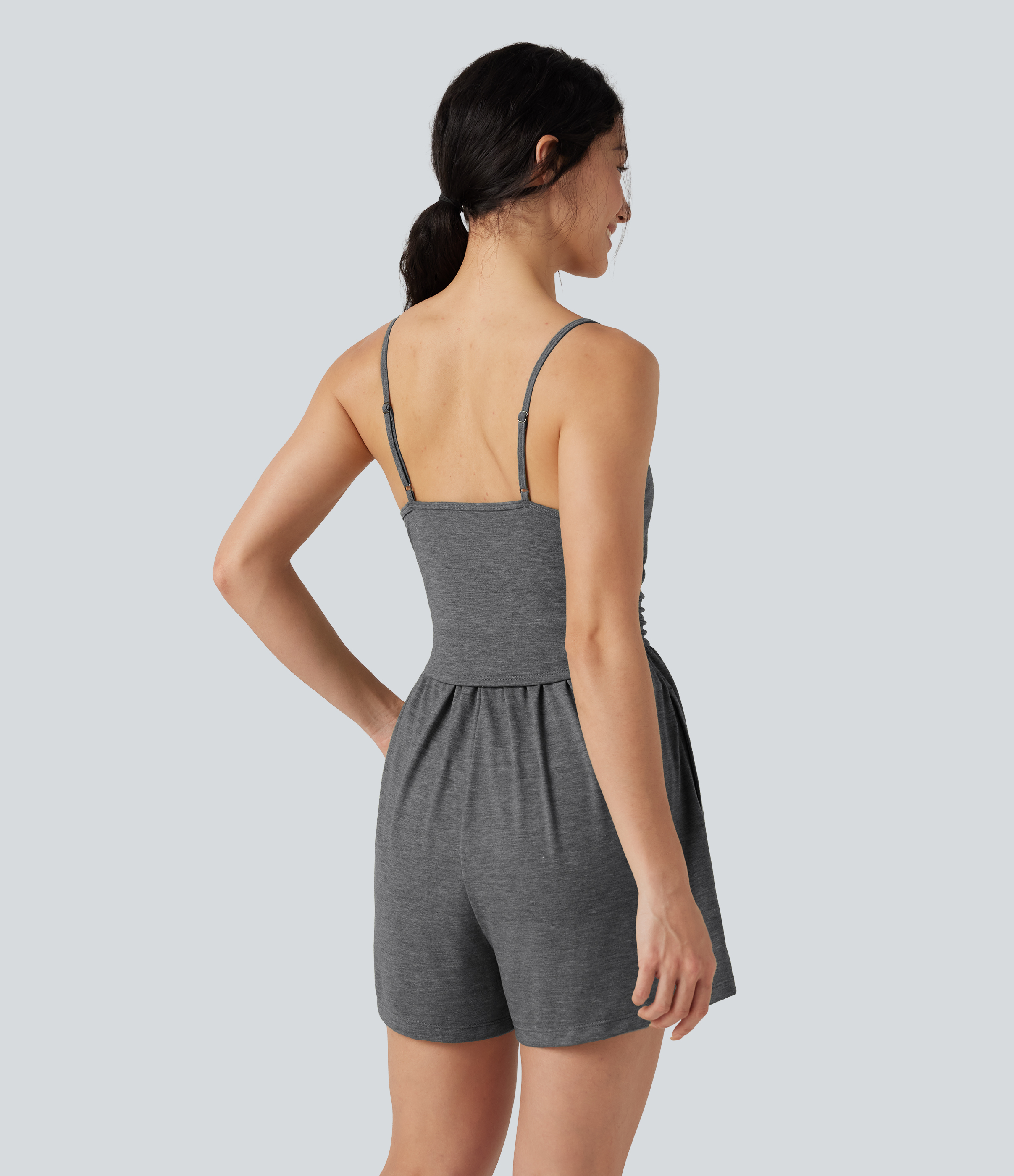 Darl Gray Floral Yarn Built-in Bra Ruched 2-in-1 Heathered Casual Romper with Pockets-Easy Peezy Edition / 2