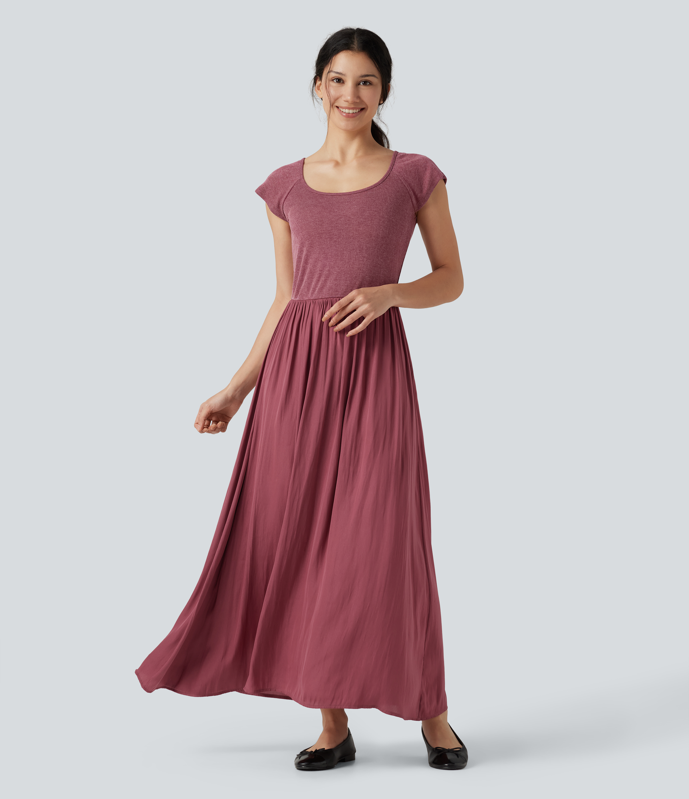 U Neck Short Sleeve Flowy Maxi Casual Dress