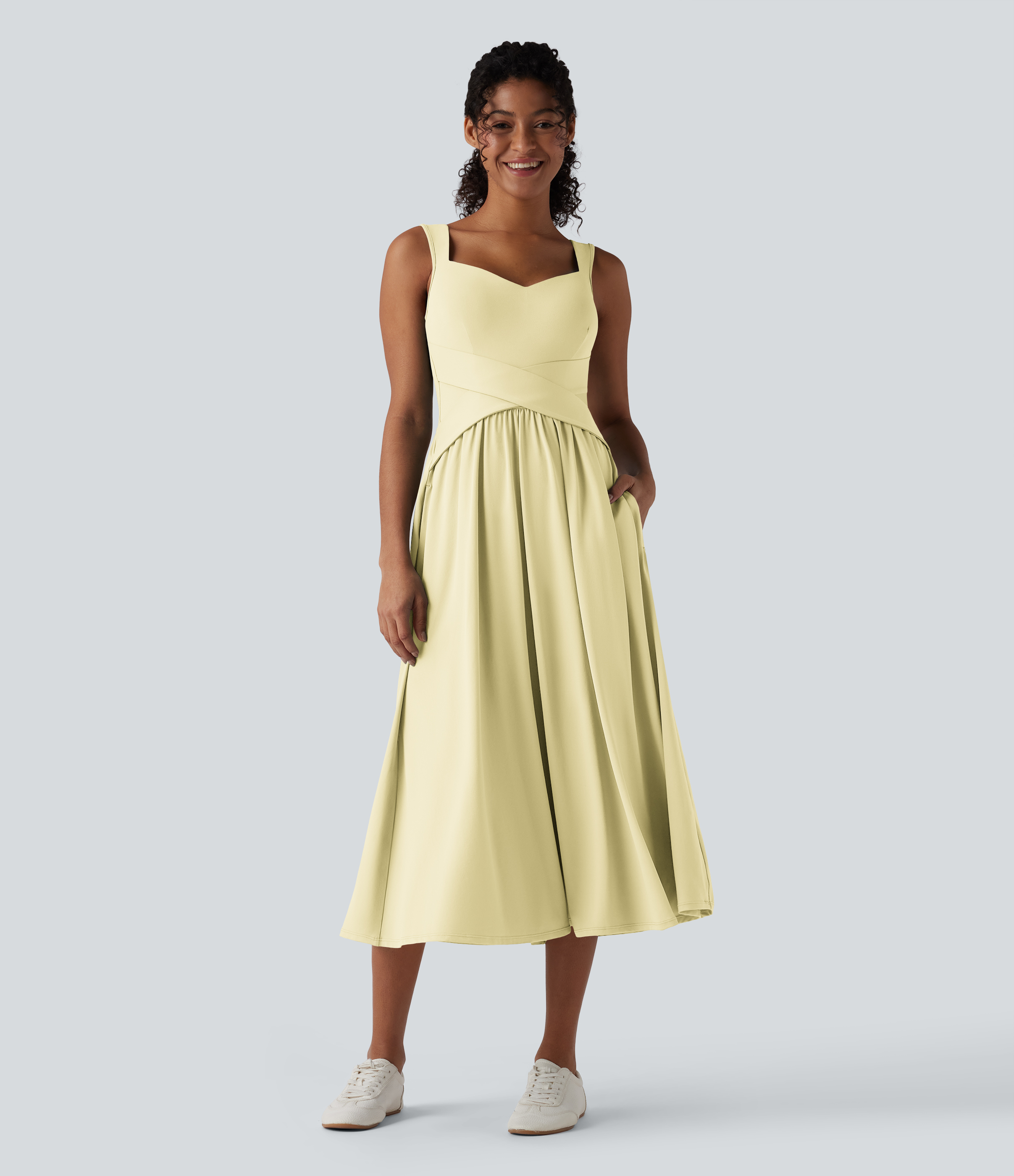 Sleeveless Backless Crossover Flowy Midi Casual Dress with Pockets