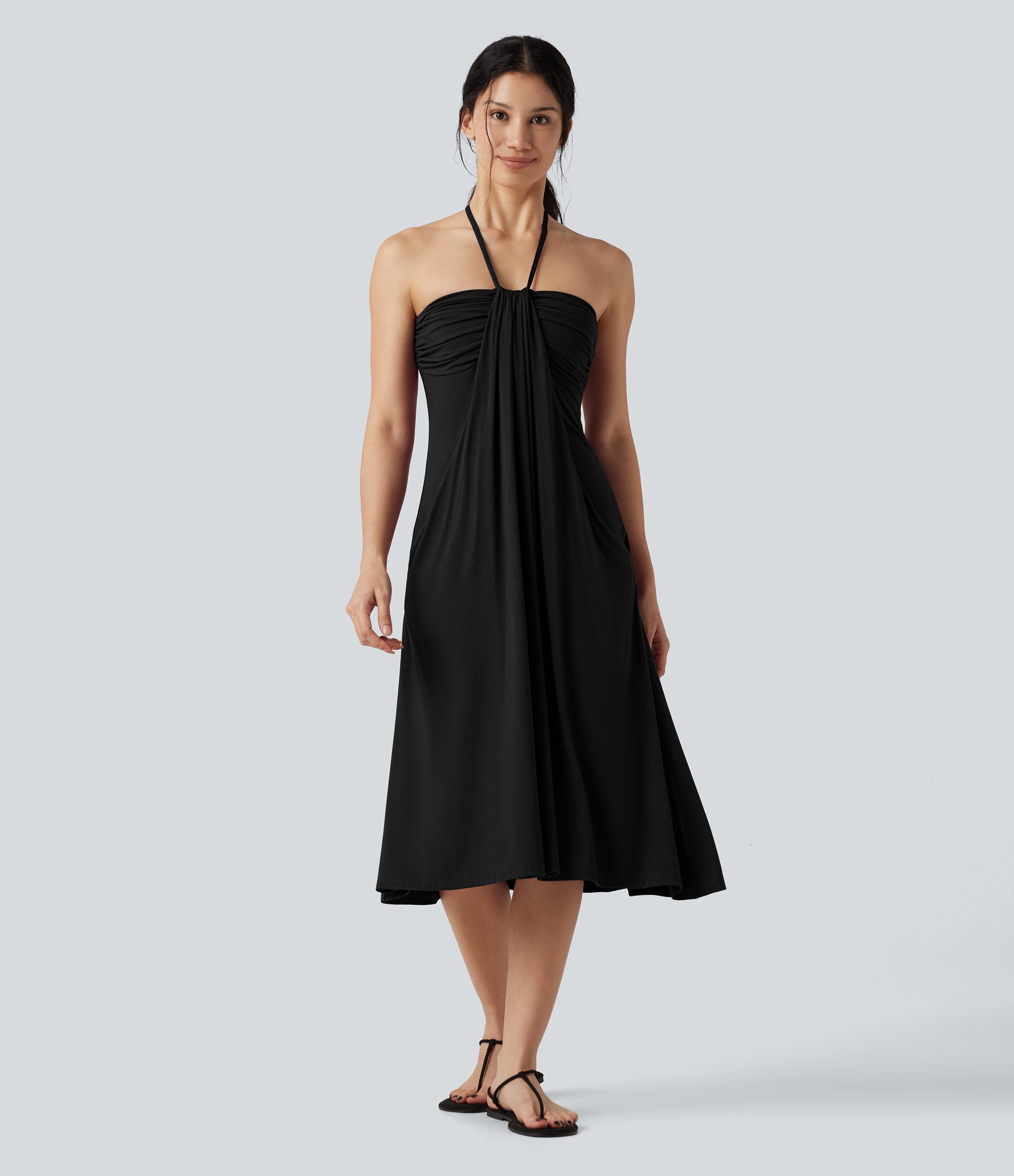 Midikleid in A-Linie mit Seitentaschen, Neckholder und Bindeband hinten