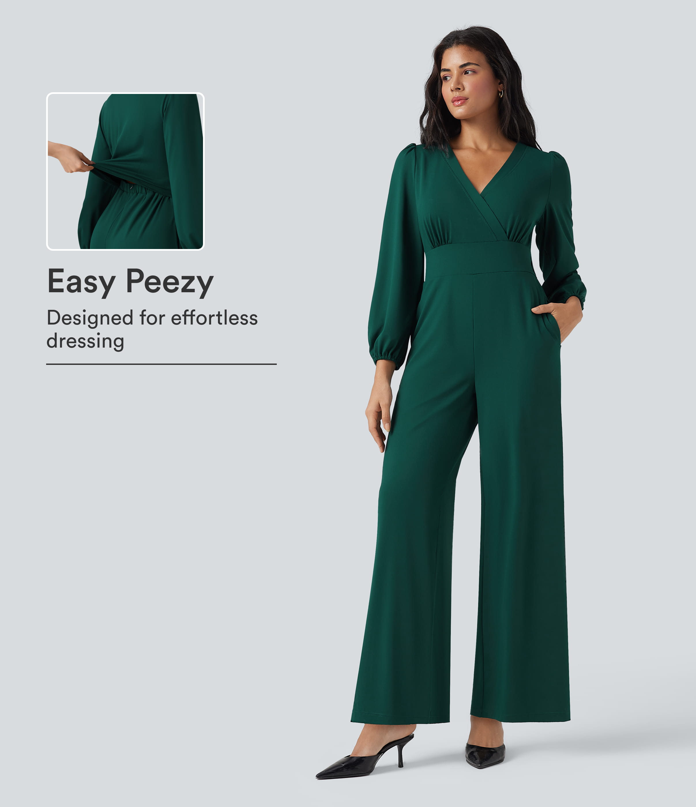 V Neck Long Sleeve Wide Leg Work Jumpsuit with Pockets-Easy Peezy Edition