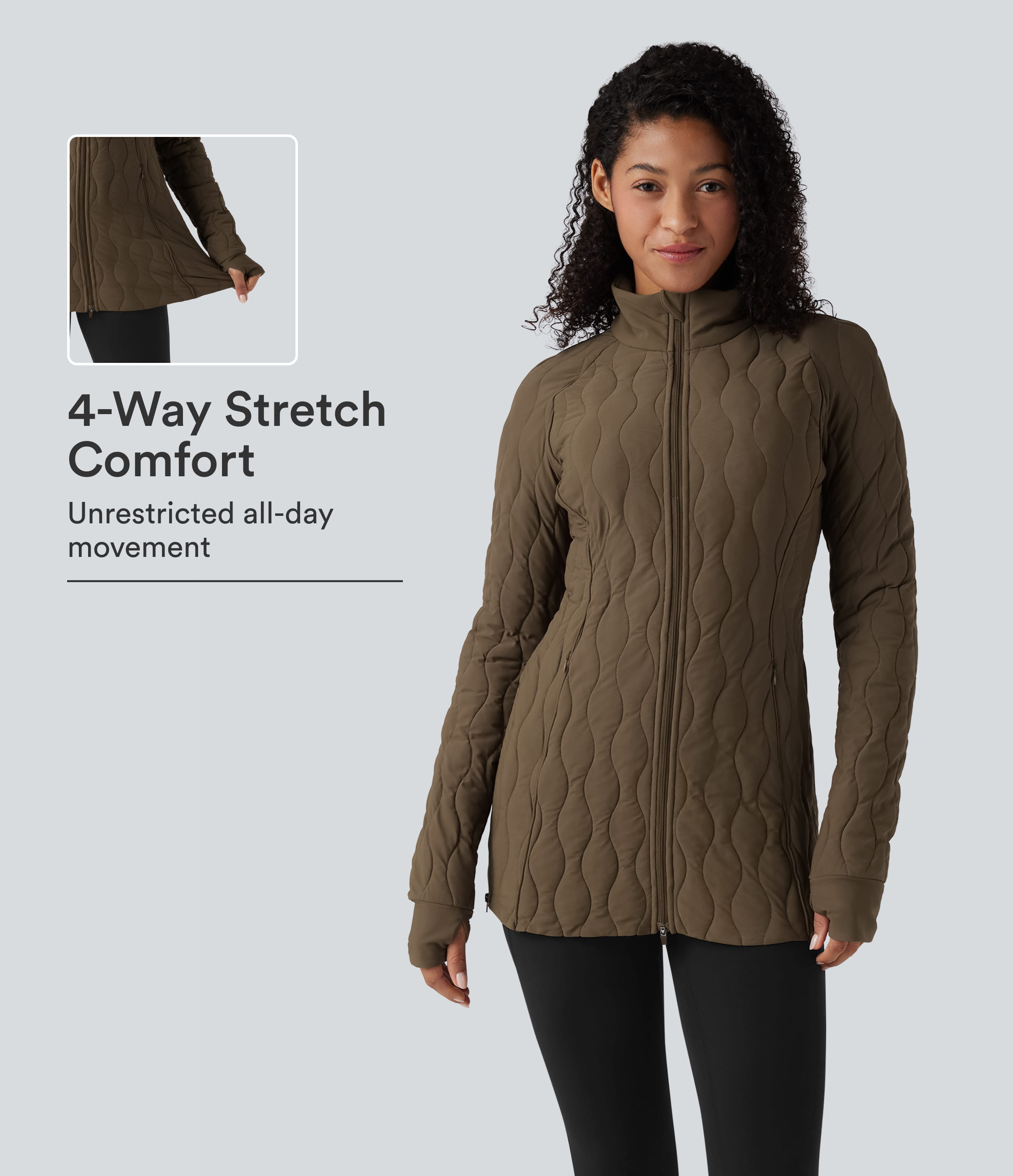 PuffFlex High Neck Long Sleeve Thumb Hole Zipper Workout Quilted Jacket with Pockets