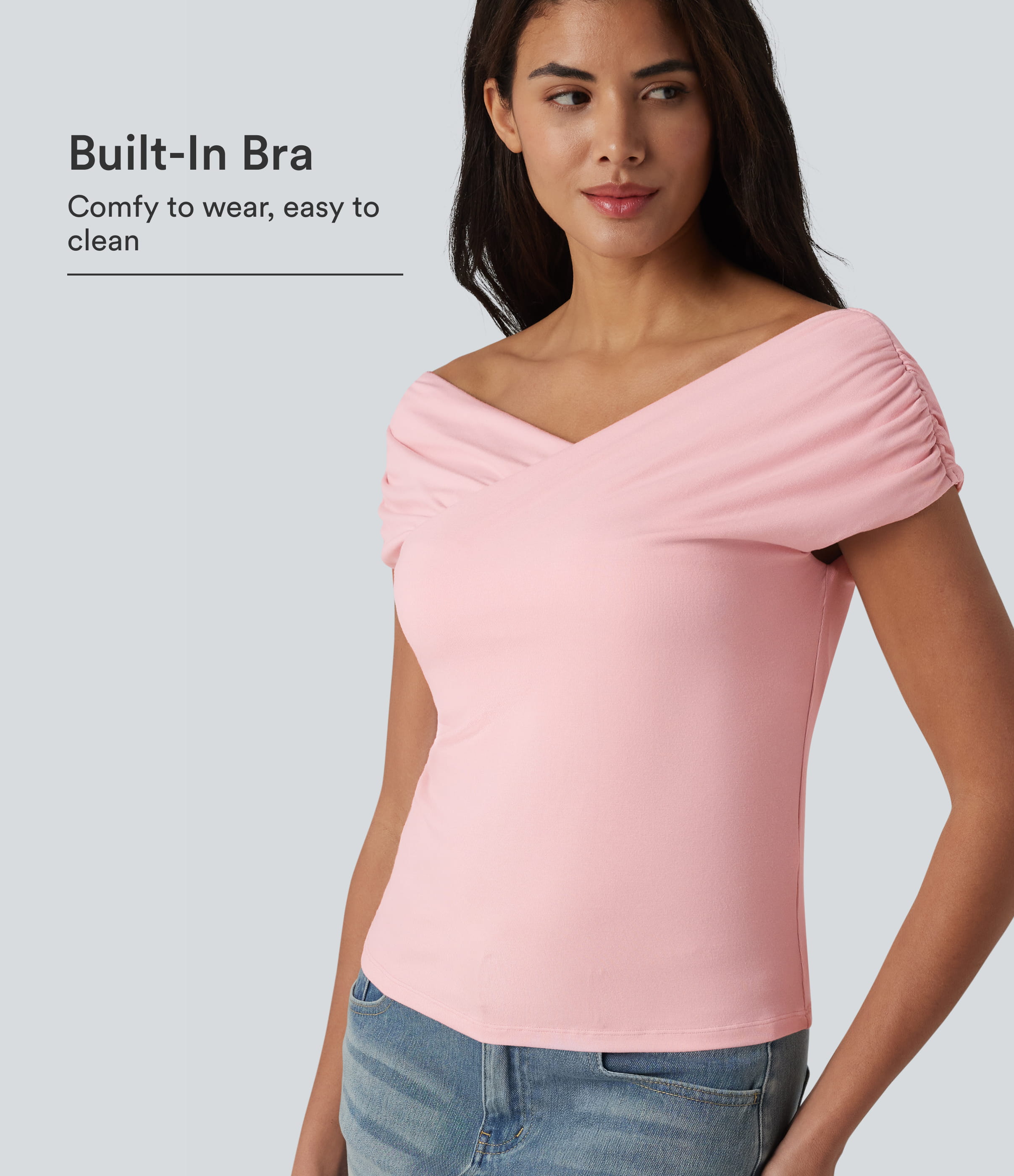 Ribbed Knit Built-in Bra Short Sleeve Casual T-Shirt