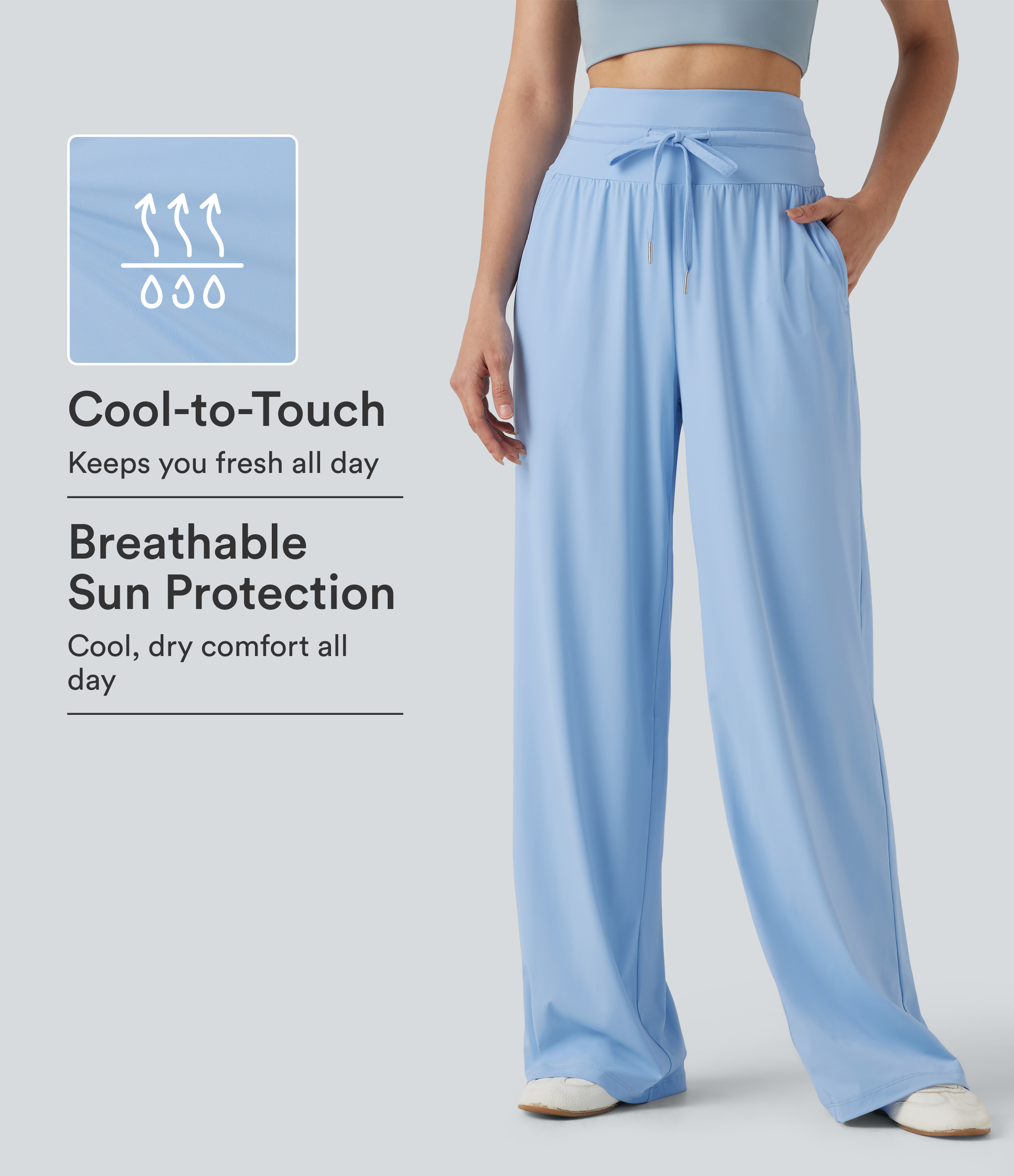 High Waisted Drawstring Wide Leg Cool Touch Casual Pants with Pockets-UPF50+