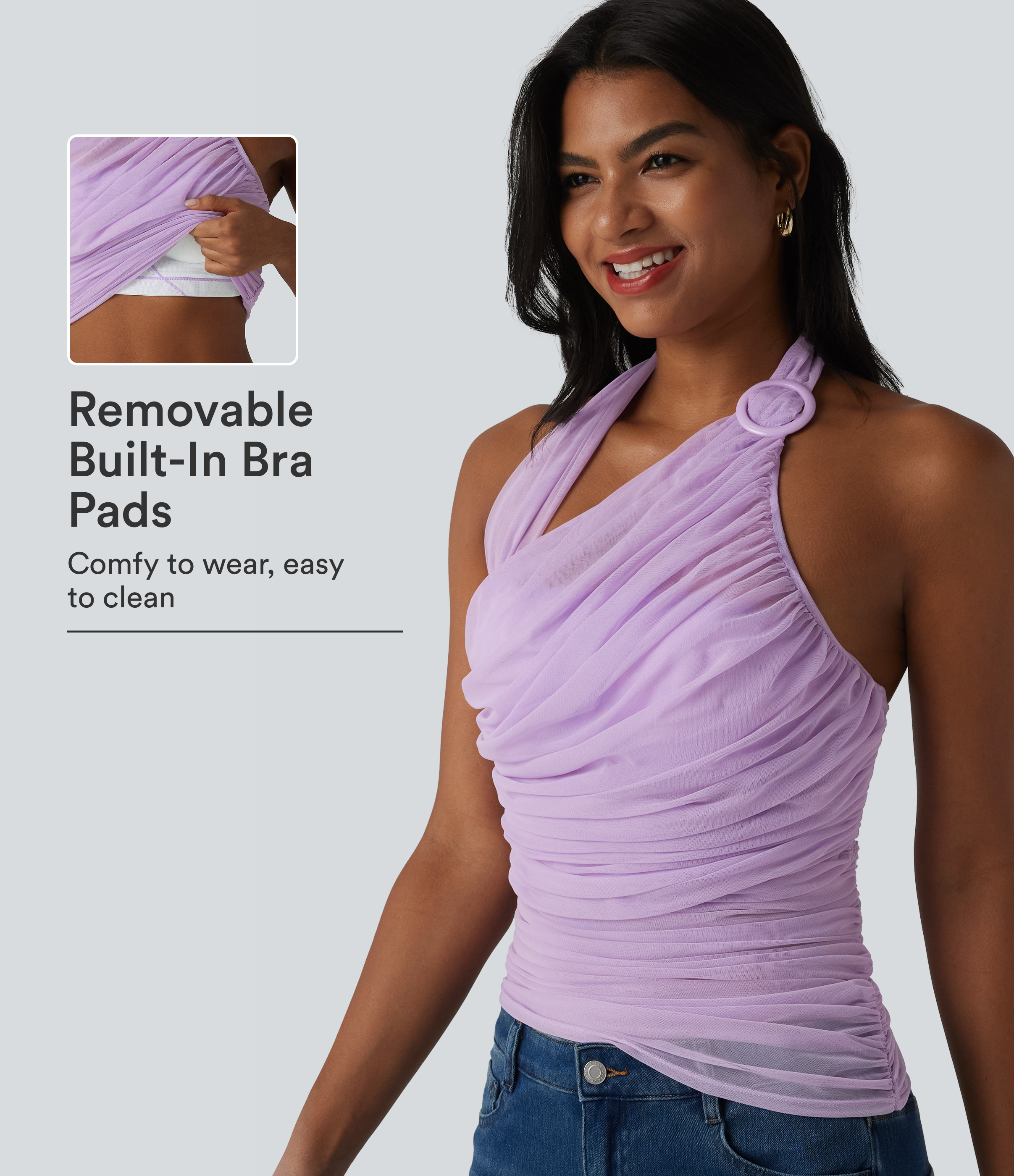 Halter Backless Ruched Mesh Overlay Built-in Bra Resort Tank Top