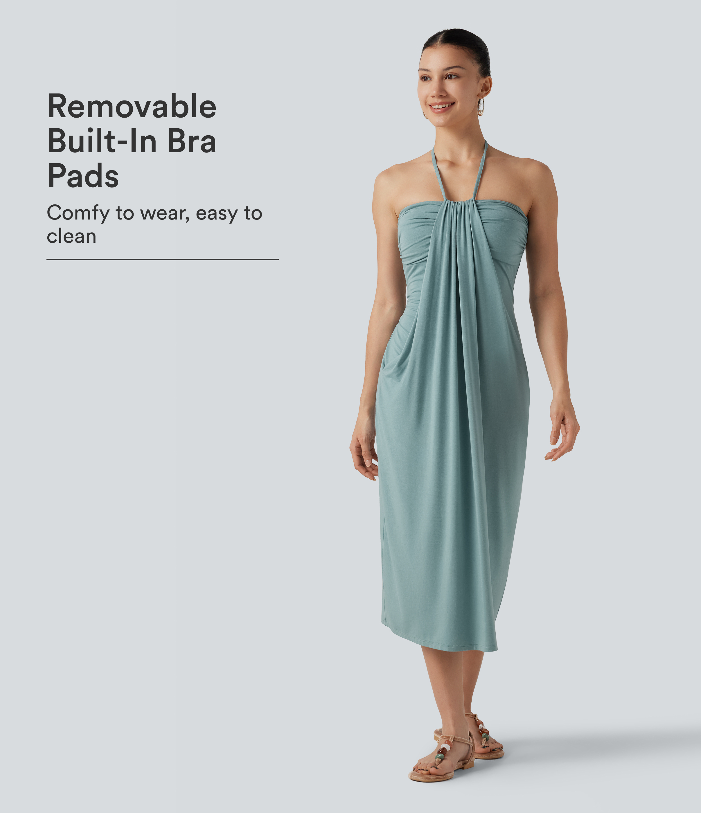 Halter Tie Back Built-in Bra Midi Resort Dress with Pockets