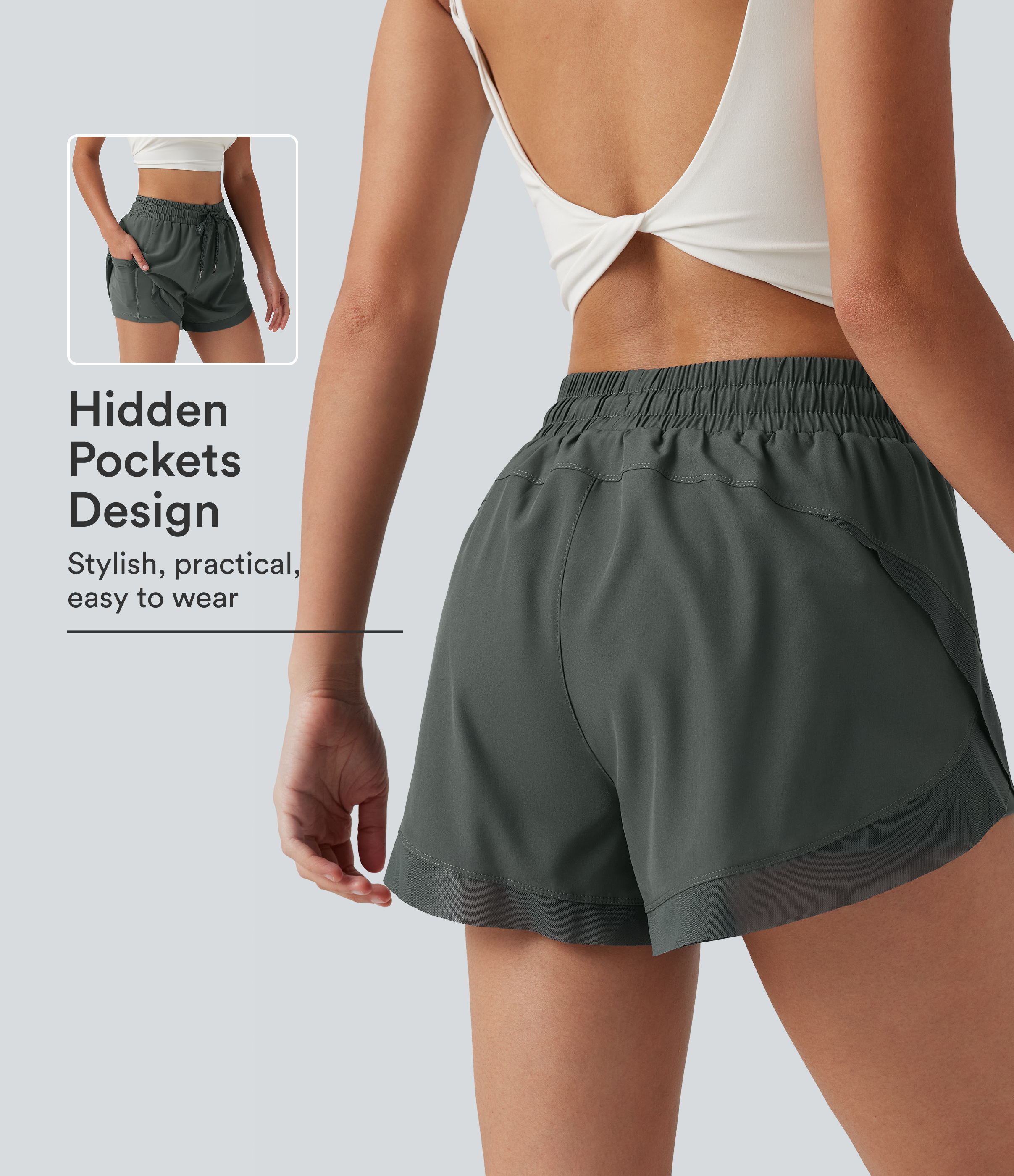 Mid Rise Drawstring Curved Hem Contrast Mesh 2-in-1 Running Shorts 3'' with Pockets