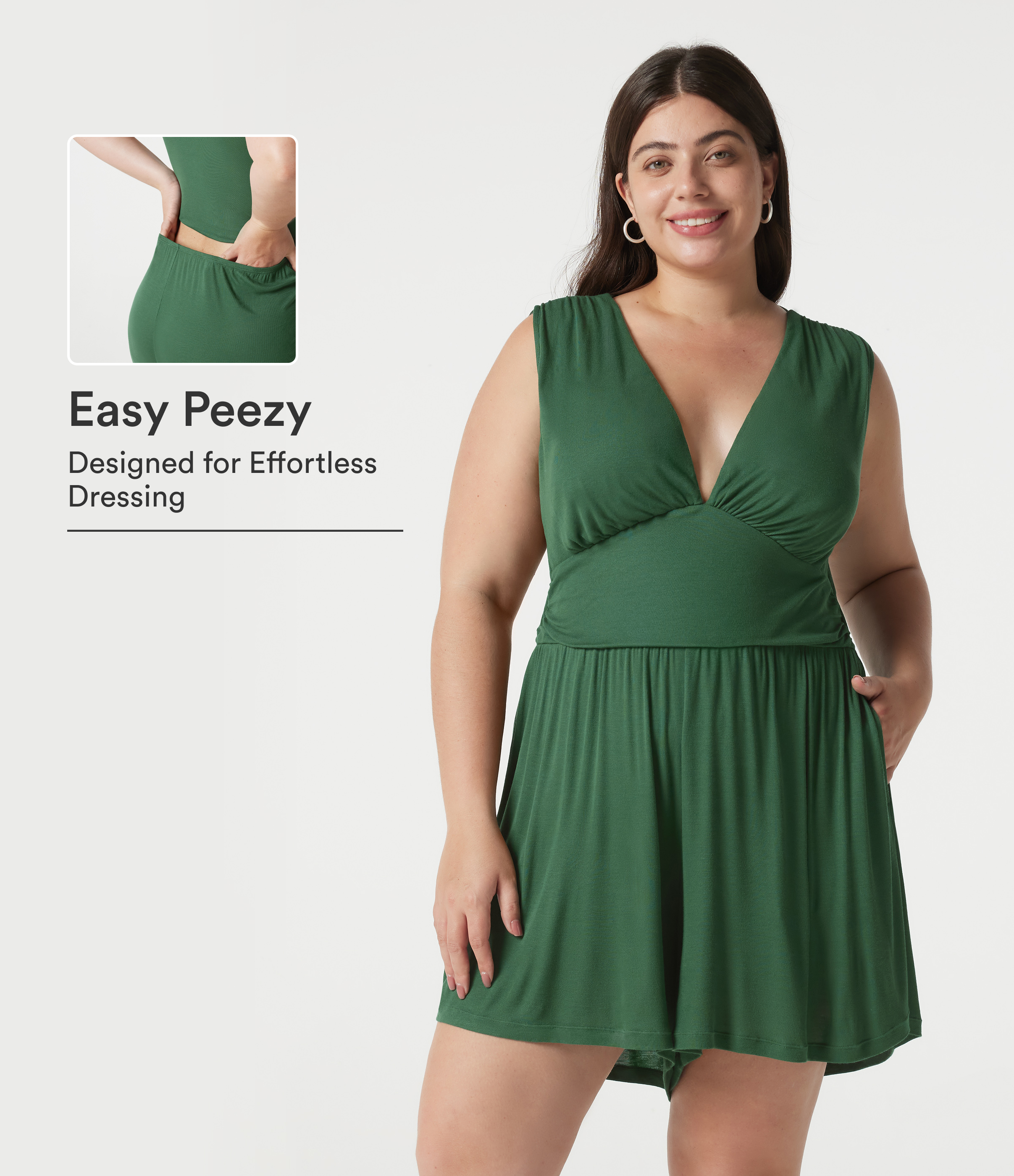 Ribbed V-neck Sleeveless Ruched Built-in Bra Casual Plus Size Romper with Pockets-Easy Peezy