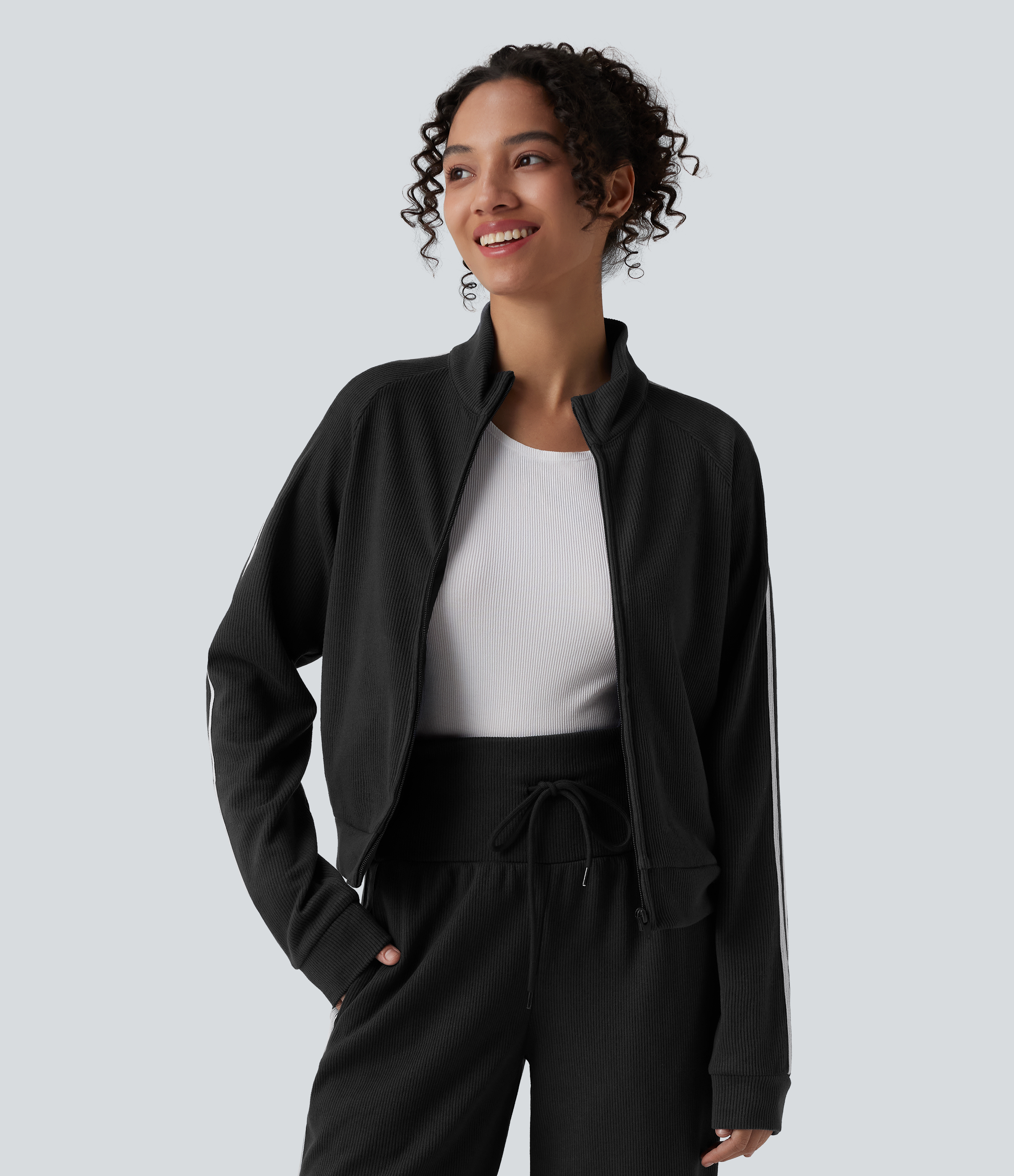 Ribbed Stand Collar Zipper Long Sleeve Color Block Casual Jacket with Pockets