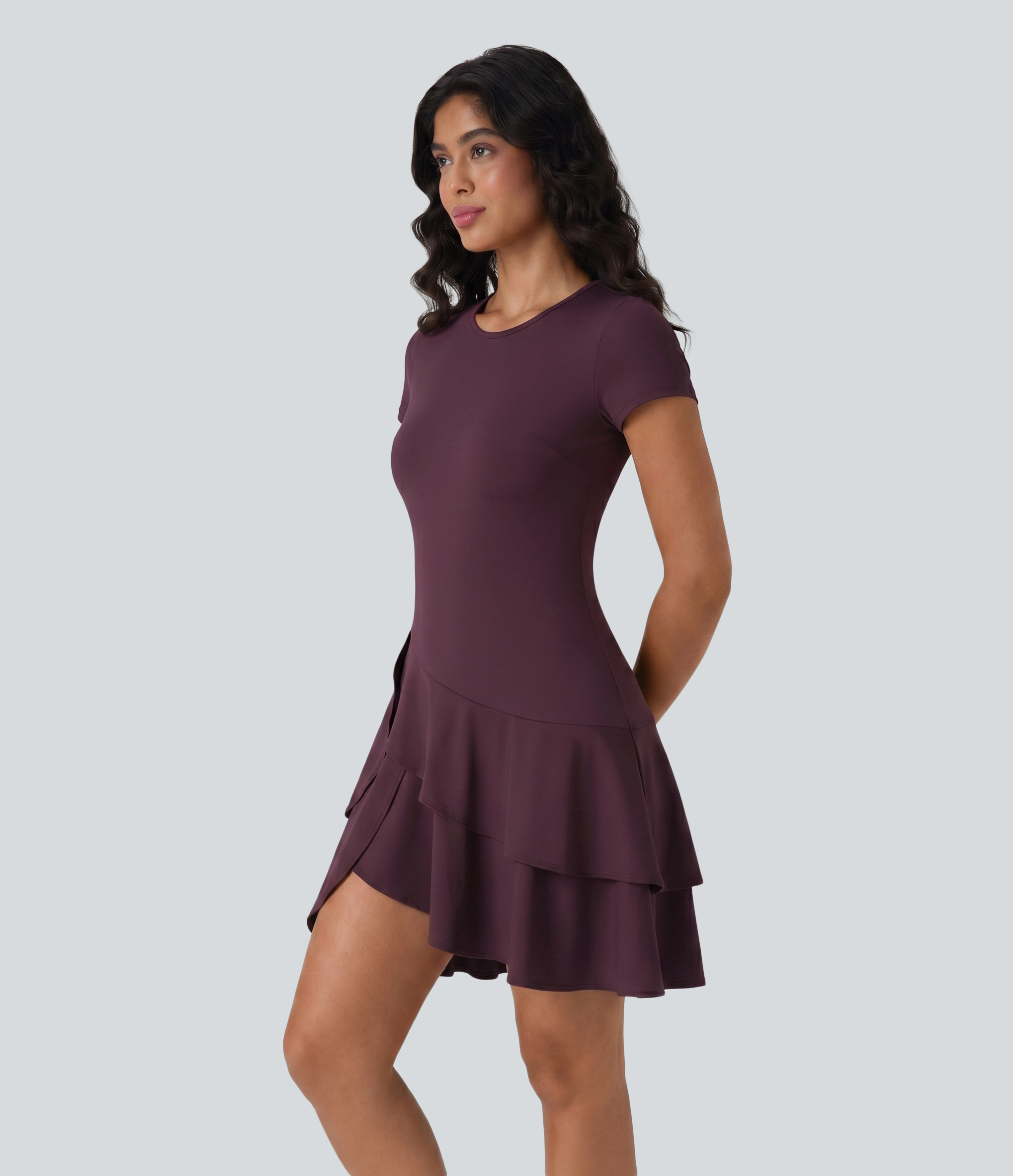 SoftlyZero™ Airy Round Neck Short Sleeve Layered Ruffle Hem Cool Touch Mini Casual Dress