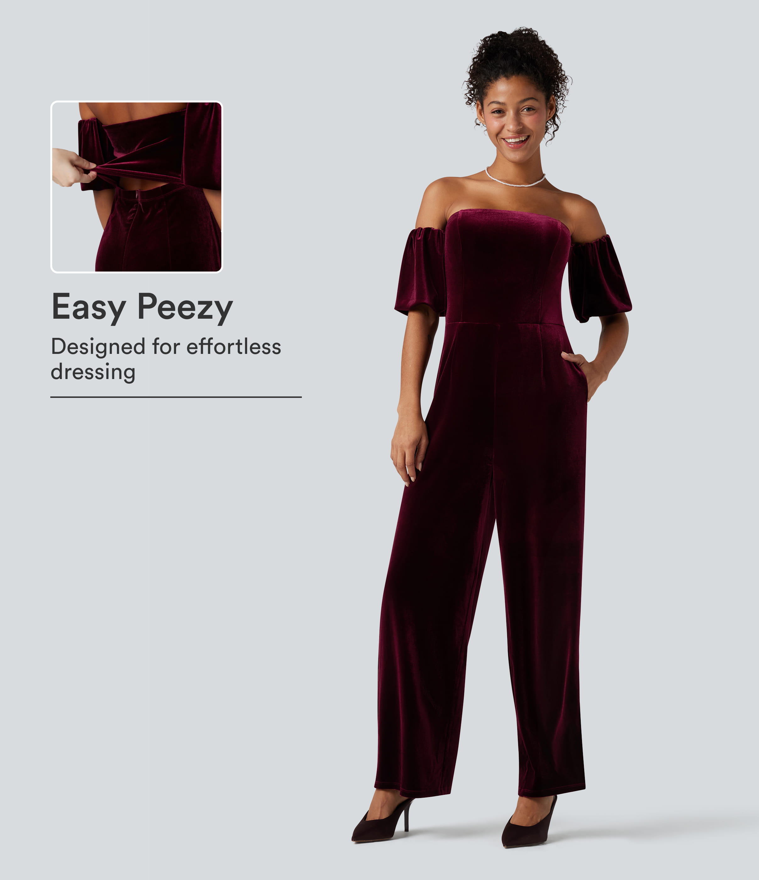 Tube Puff Sleeve Split Velvet Party Jumpsuit-Easy Peezy