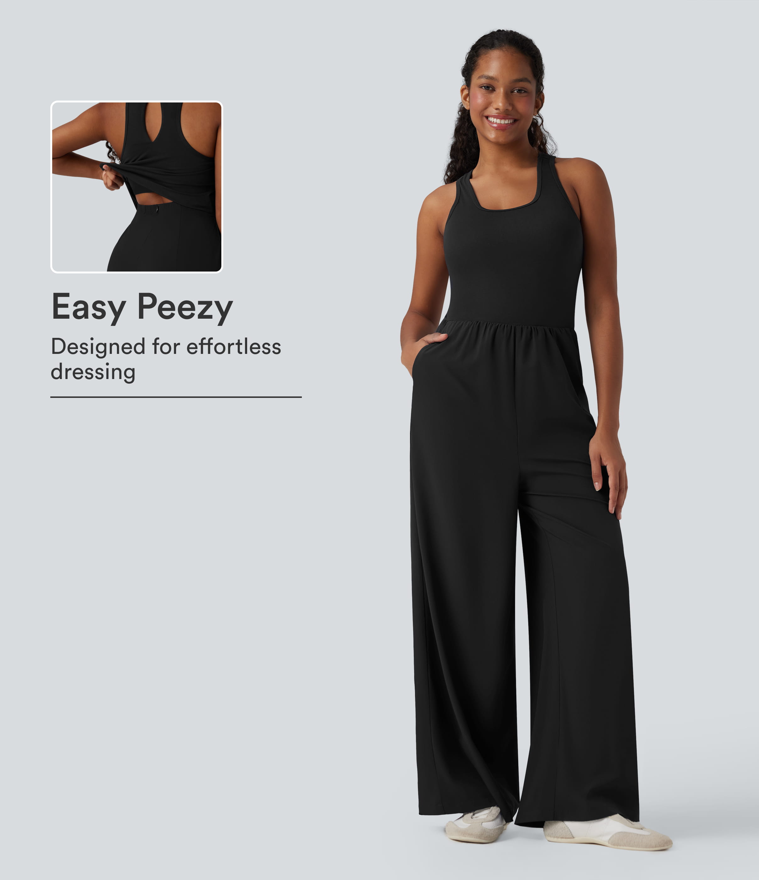 Black Breezeful™ Sleeveless Cut Out Quick Dry Casual Jumpsuit with Pockets-Easy Peezy / 1