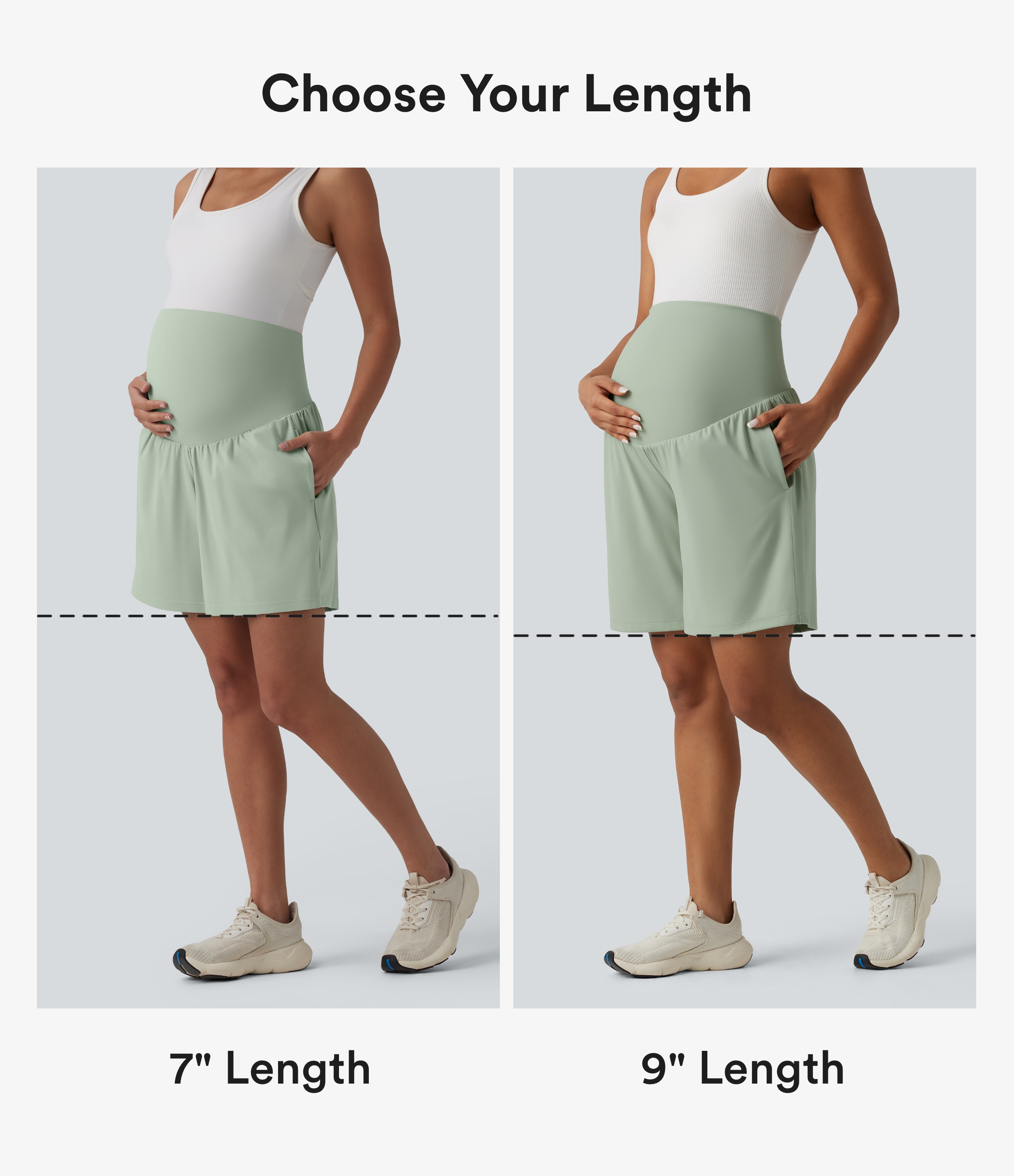 Light Bean Green Softlyzero™ Airy Super High Waisted 2-in-1 InstantCool Yoga Maternity Shorts 7'' with Pockets / 2