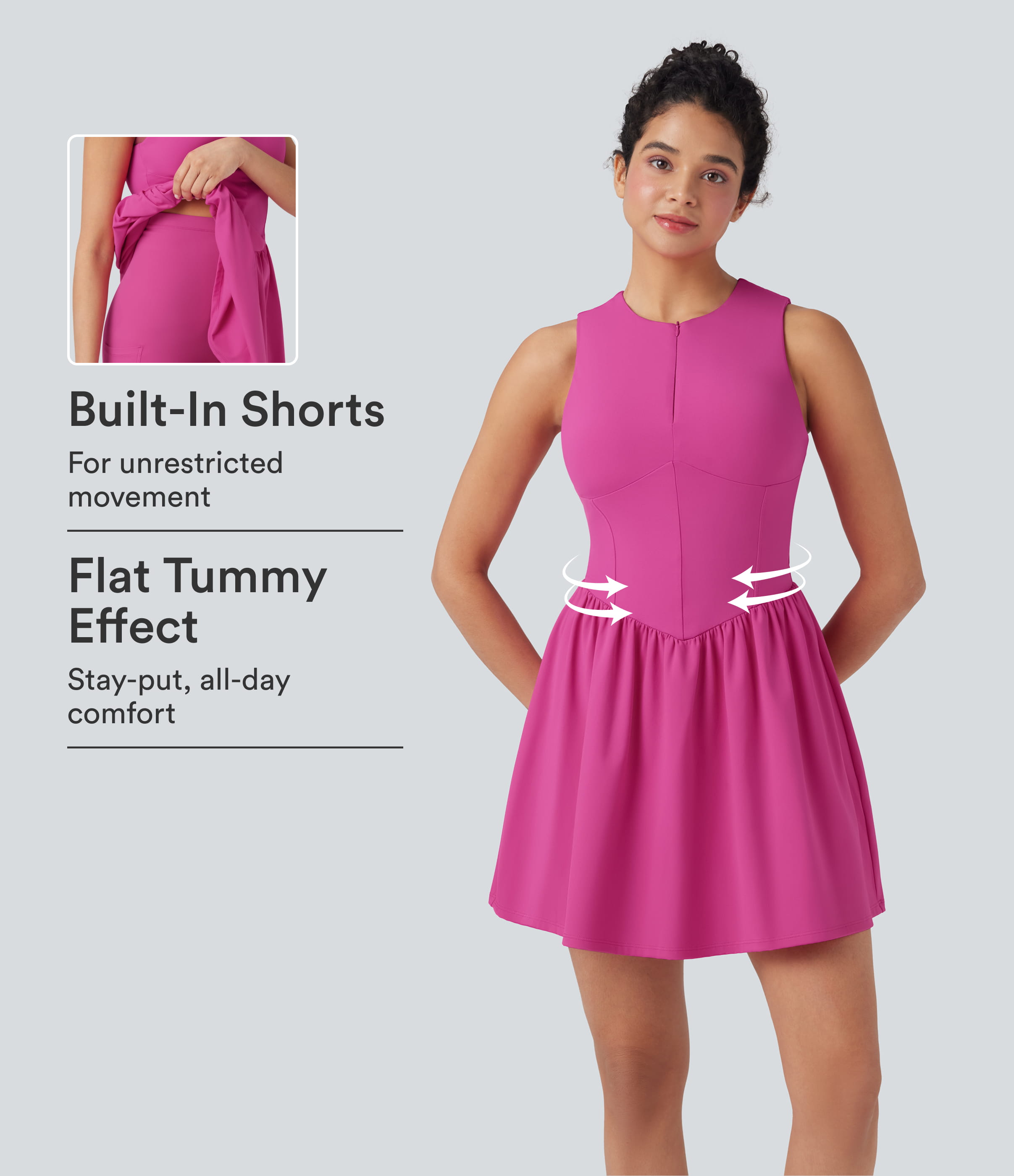 Fuchsia Fedora SoftlyZero™ ligero y transpirable SoCinched con media cremallera, vestido activo mini de tenis sin mangas con shorts moldeadores para el abdomen / 1