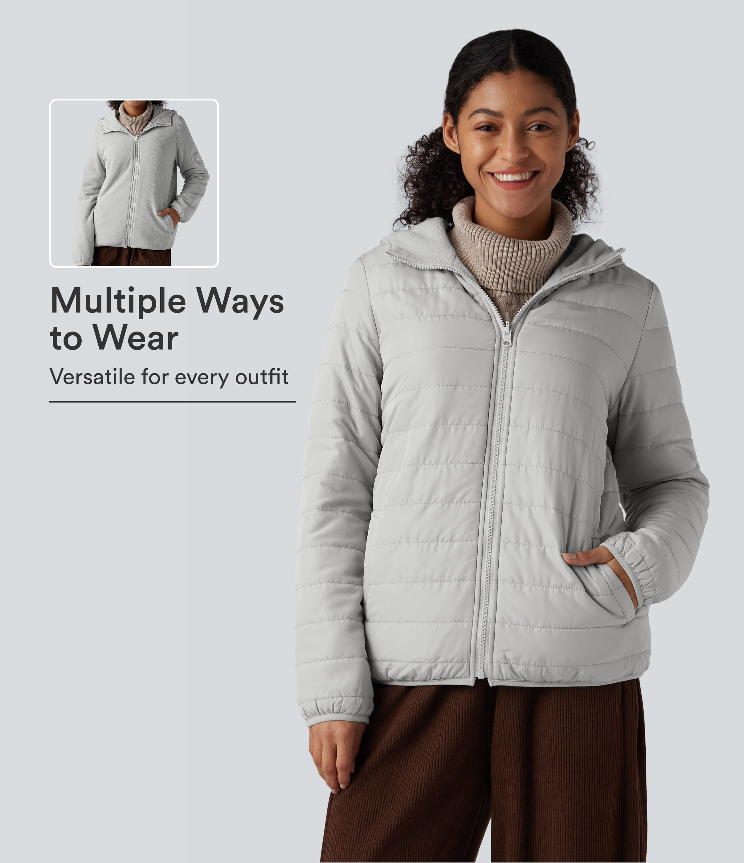 Reversible Hooded Zipper Long Sleeve Fleece Casual Padded Jacket with Pockets (Two Looks in One)