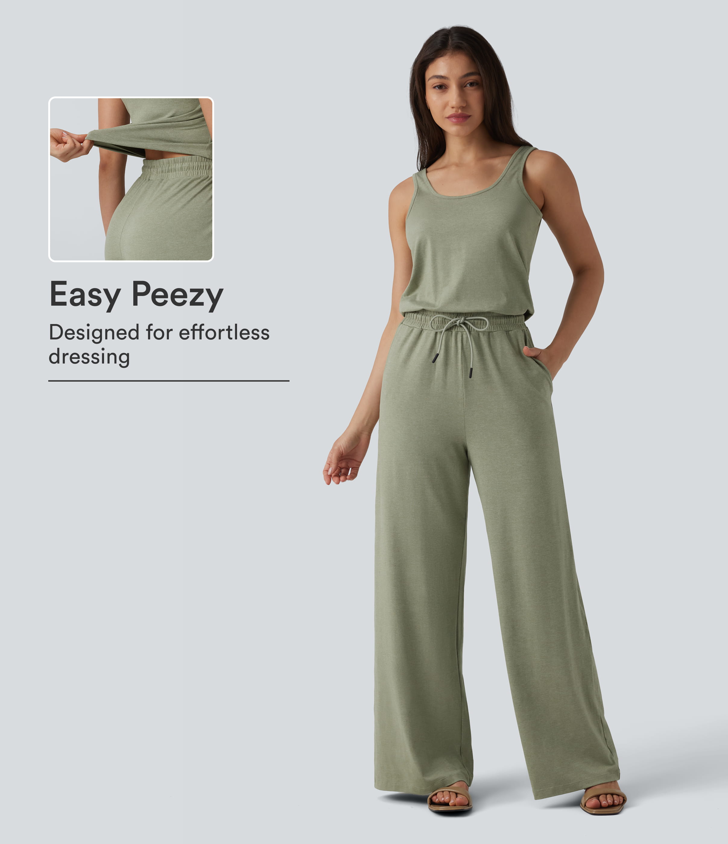 U-Neck Sleeveless Drawstring Heathered Casual Baggy Jumpsuit with Pockets-Easy Peezy