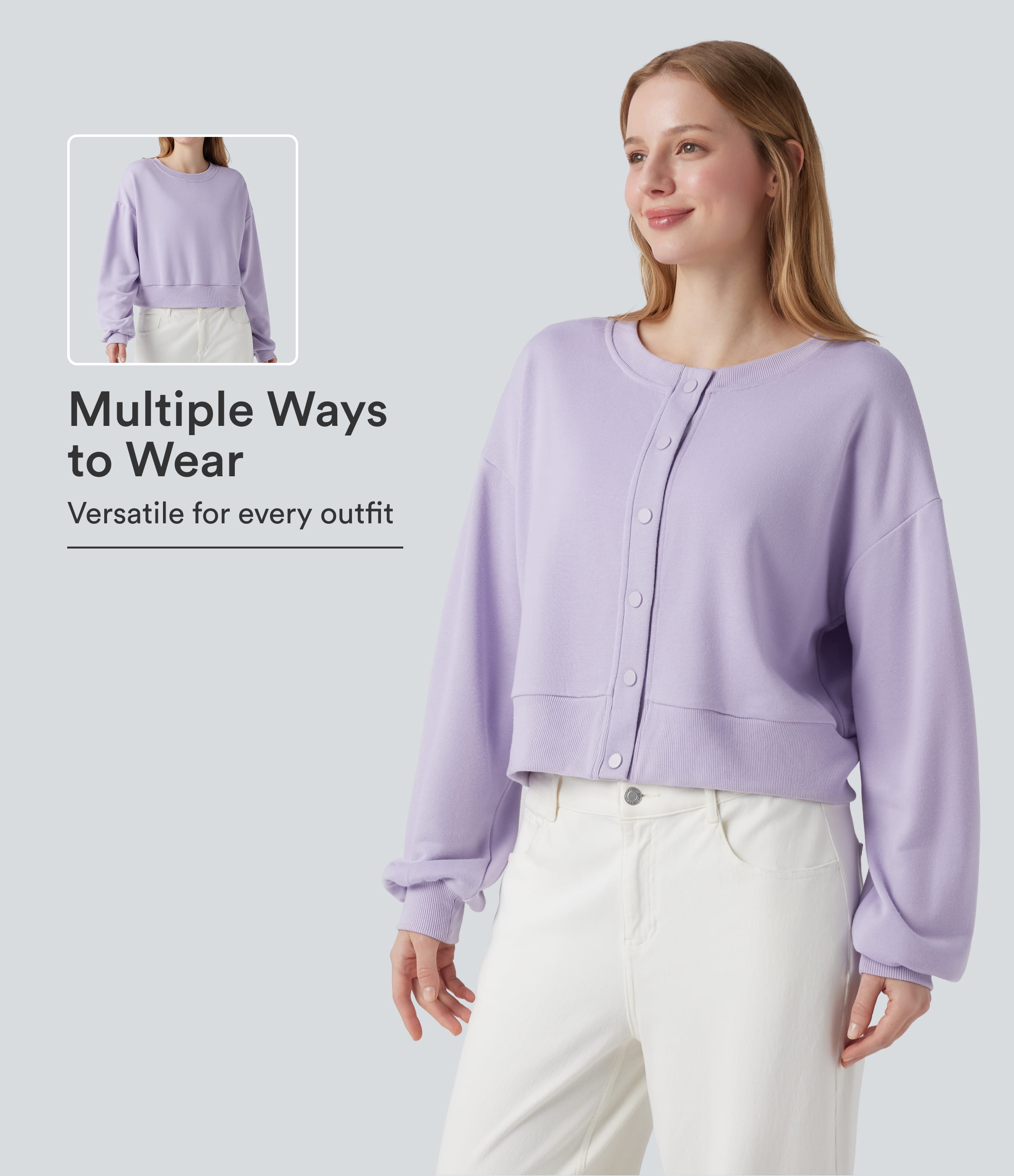 Rundhals-Langarm-Sweatshirt mit Knopfleiste, locker geschnitten - vorne und hinten tragbar.