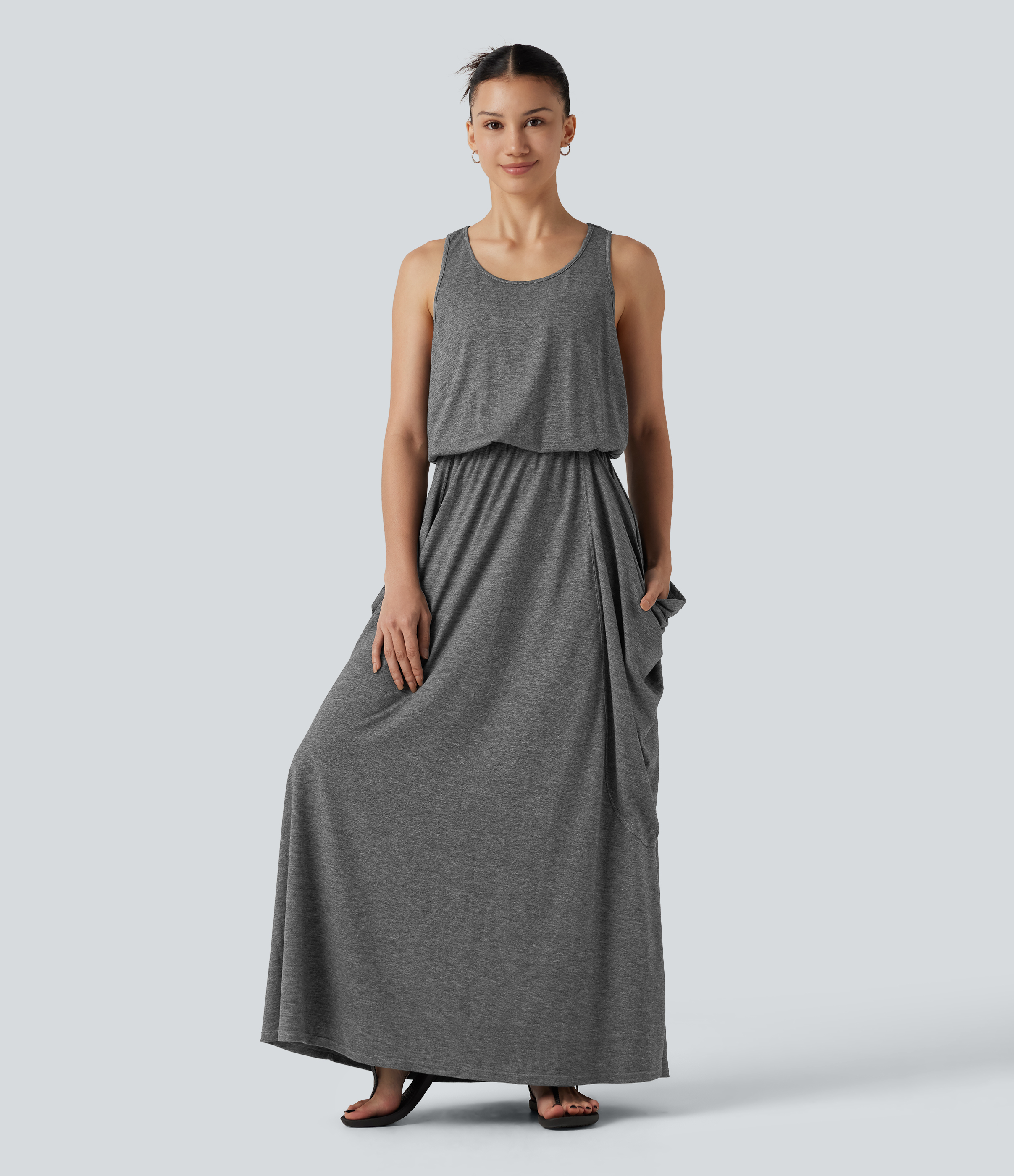 Darl Gray Floral Yarn Ujjatlan, hátkivágásos drapírozott maxi ruha zsebekkel / 2