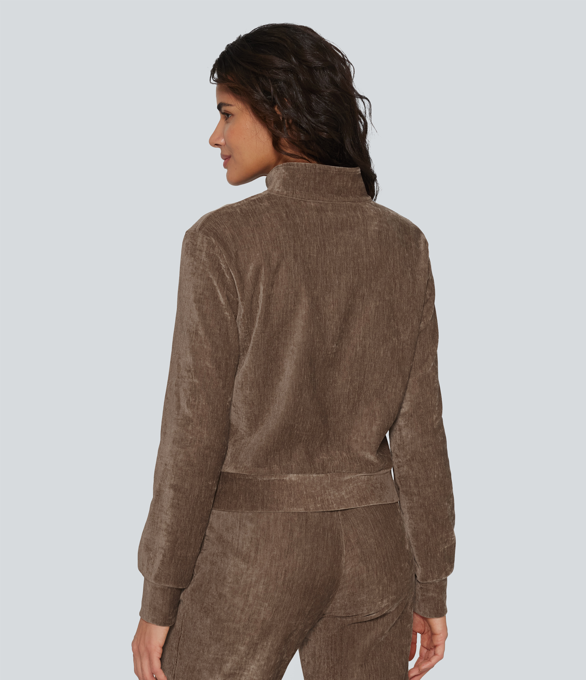 Cocoa Brown Long Sleeve Velvet Lounge Jacket with Pockets / 2