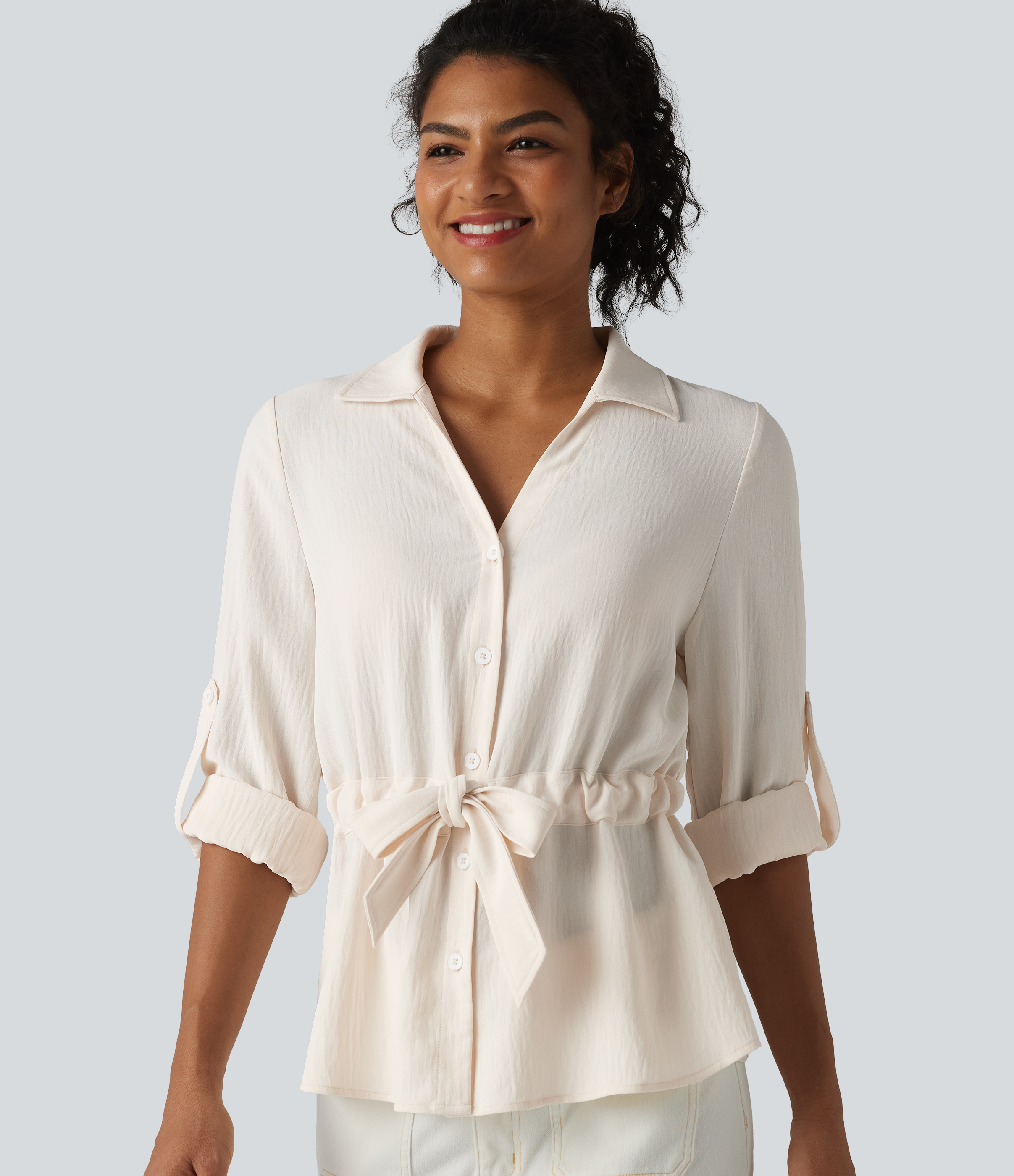 Lapel Roll Up Sleeve Tie Work Linen-Feel Shirt