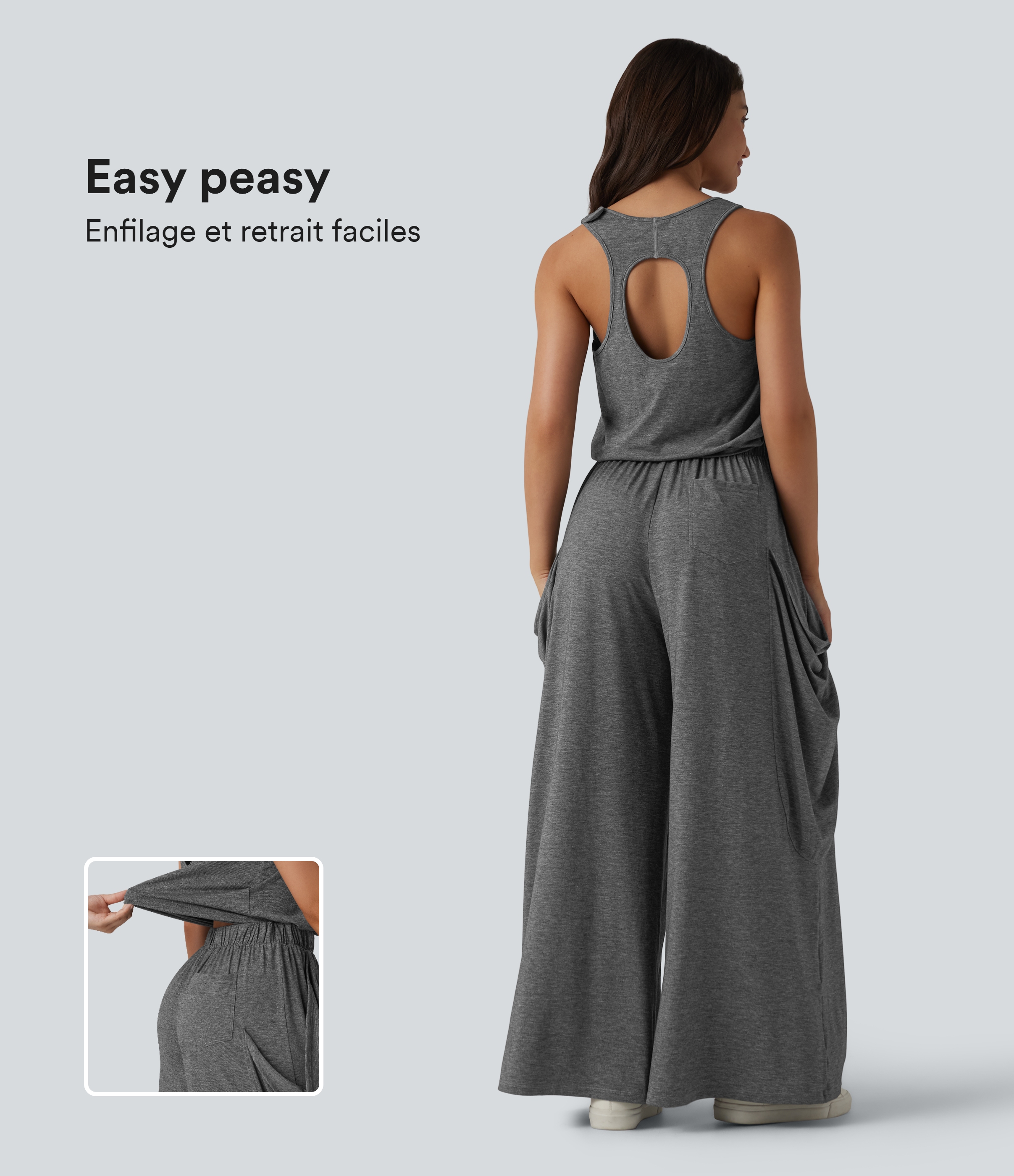 Combinaison décontractée à découpe sans manches jambes larges avec poches, édition Easy-Peezy