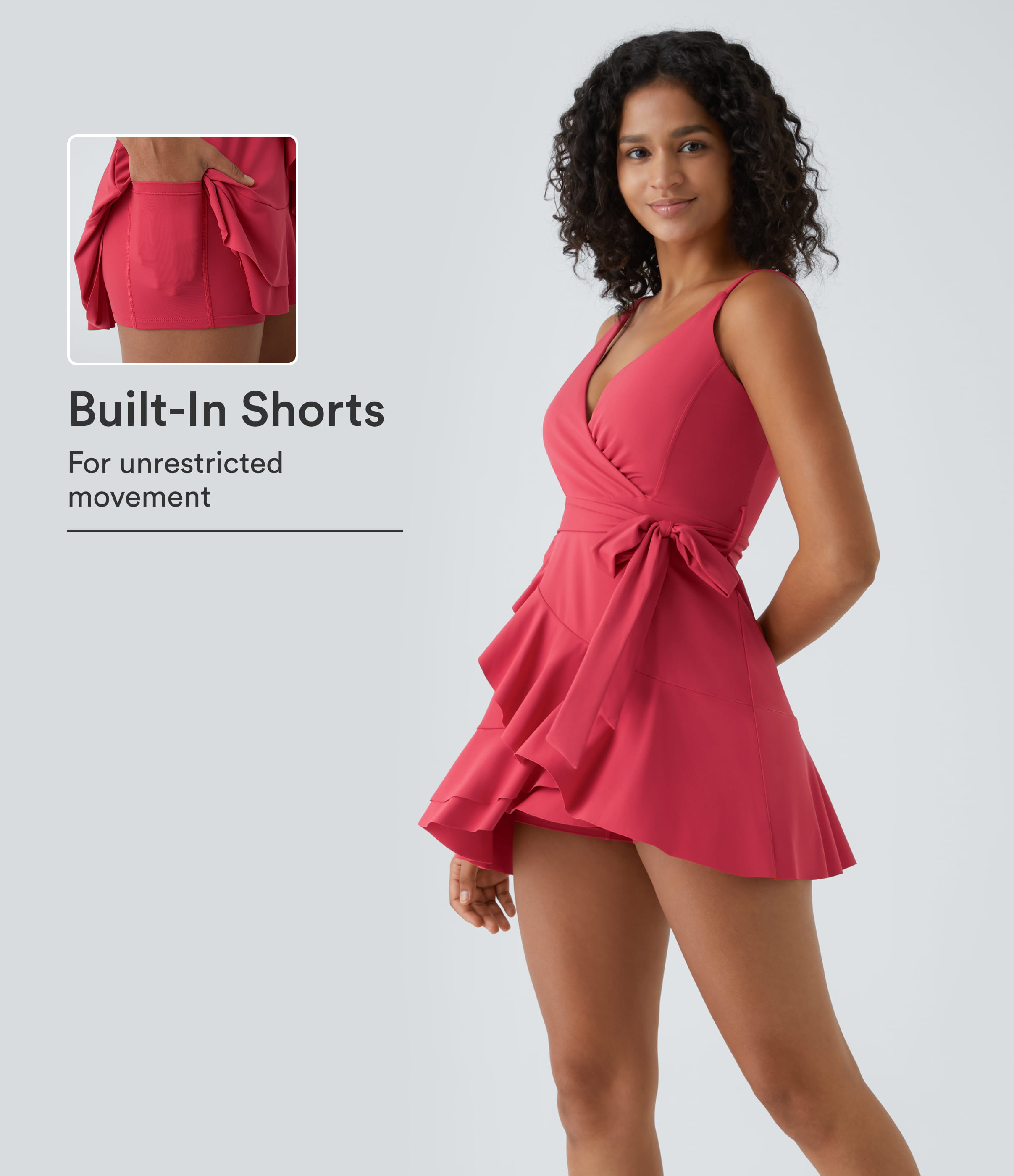 Winterberry V Neck Tie Side Ruffle 2-Piece Pocket Flowy Mini Casual Dress A-D Cups / 1