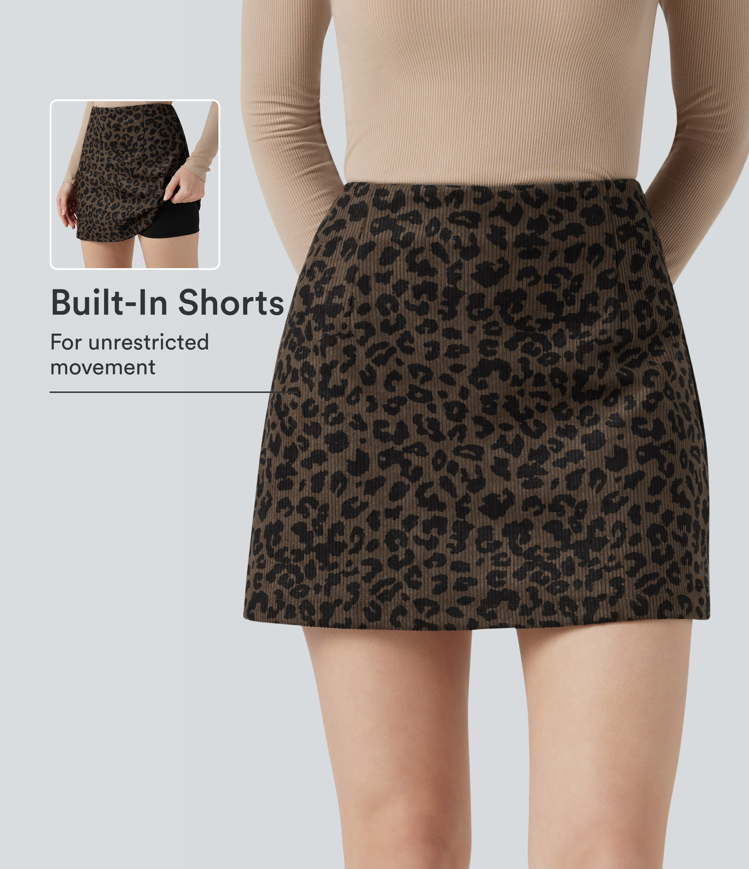 High Waisted 2-in-1 A Line Mini Leopard Print Corduroy Casual Skirt
