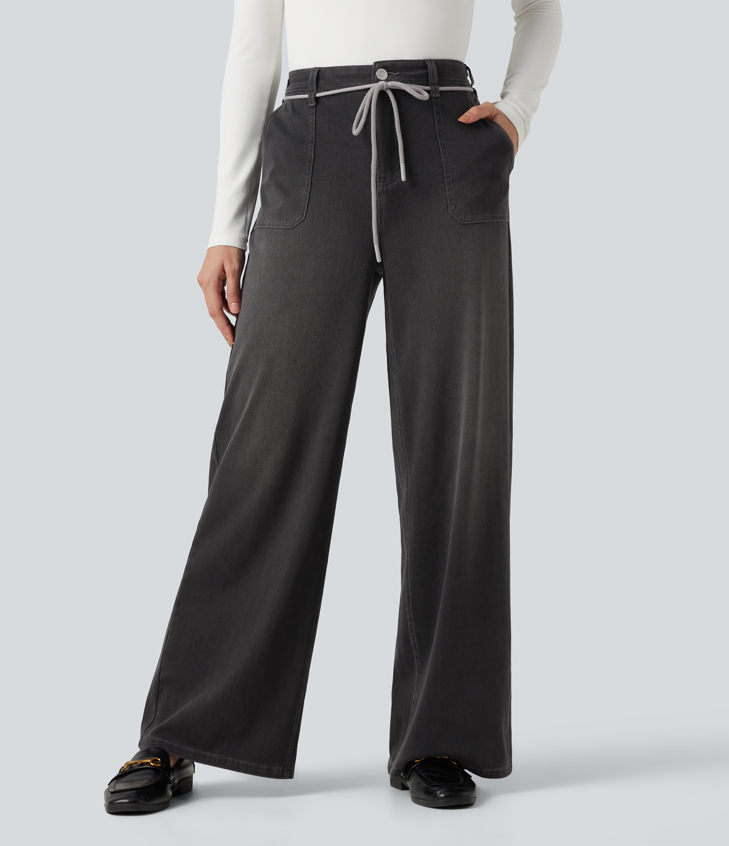 Halara Flex™ Mid Rise Drawstring Casual Baggy Straight Leg Jeans with Pockets