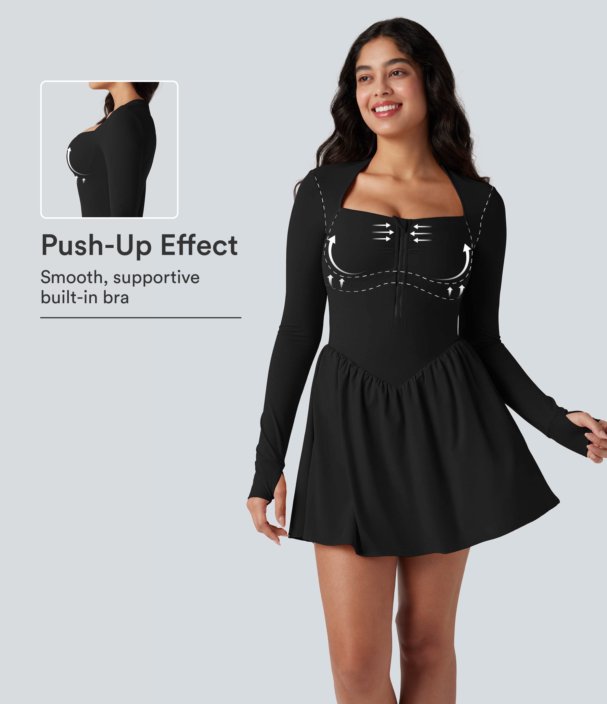 Schwarz Halara UltraSculpt™ Push-Up 2-in-1 Mini-Tennis-Sportkleid mit langen Ärmeln, Daumenloch und Tasche / 1