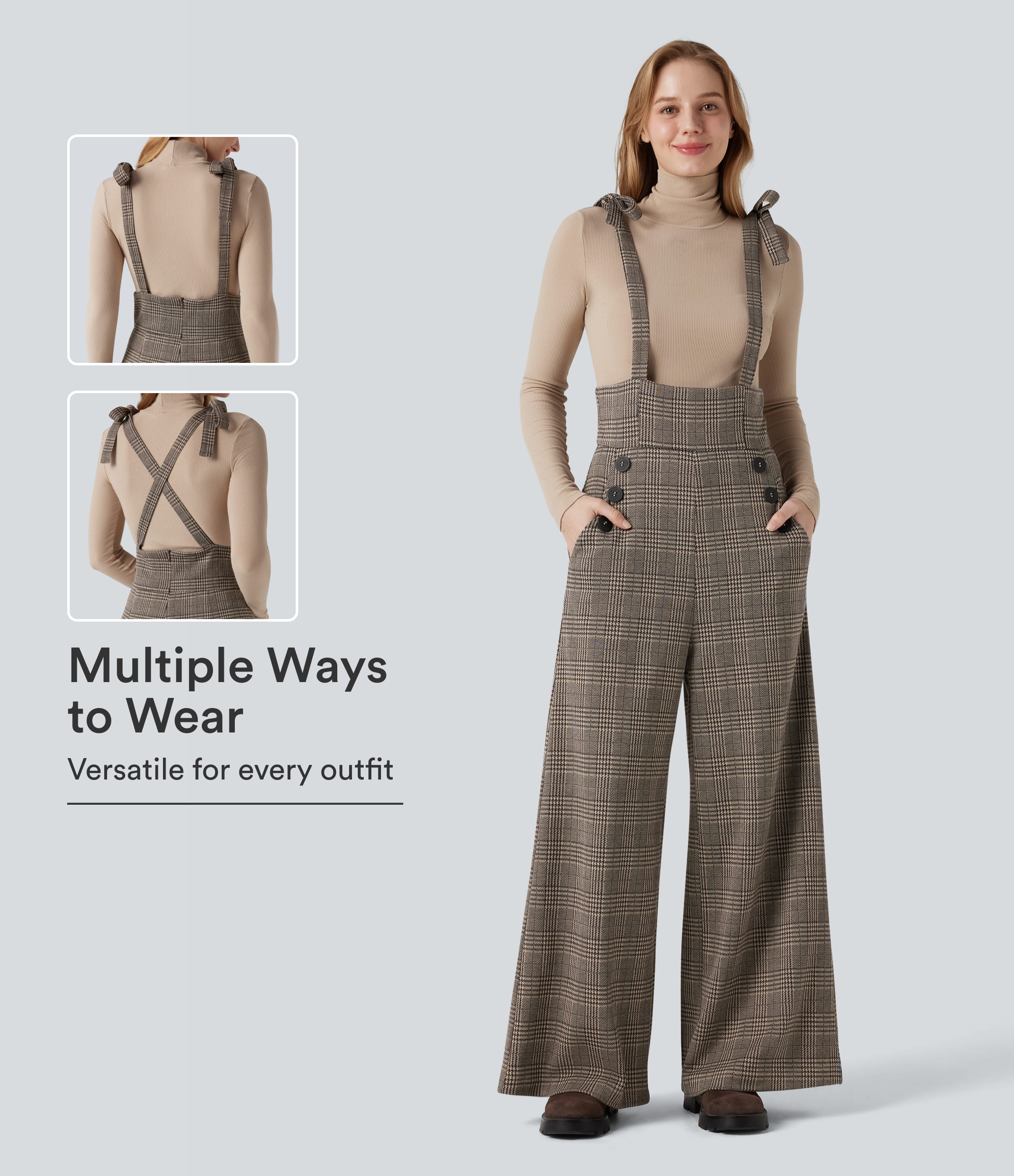 Brown Houndstooth Plaid Tie Side Wide Leg Houndstooth Plaid Work Overalls with Pockets / 1
